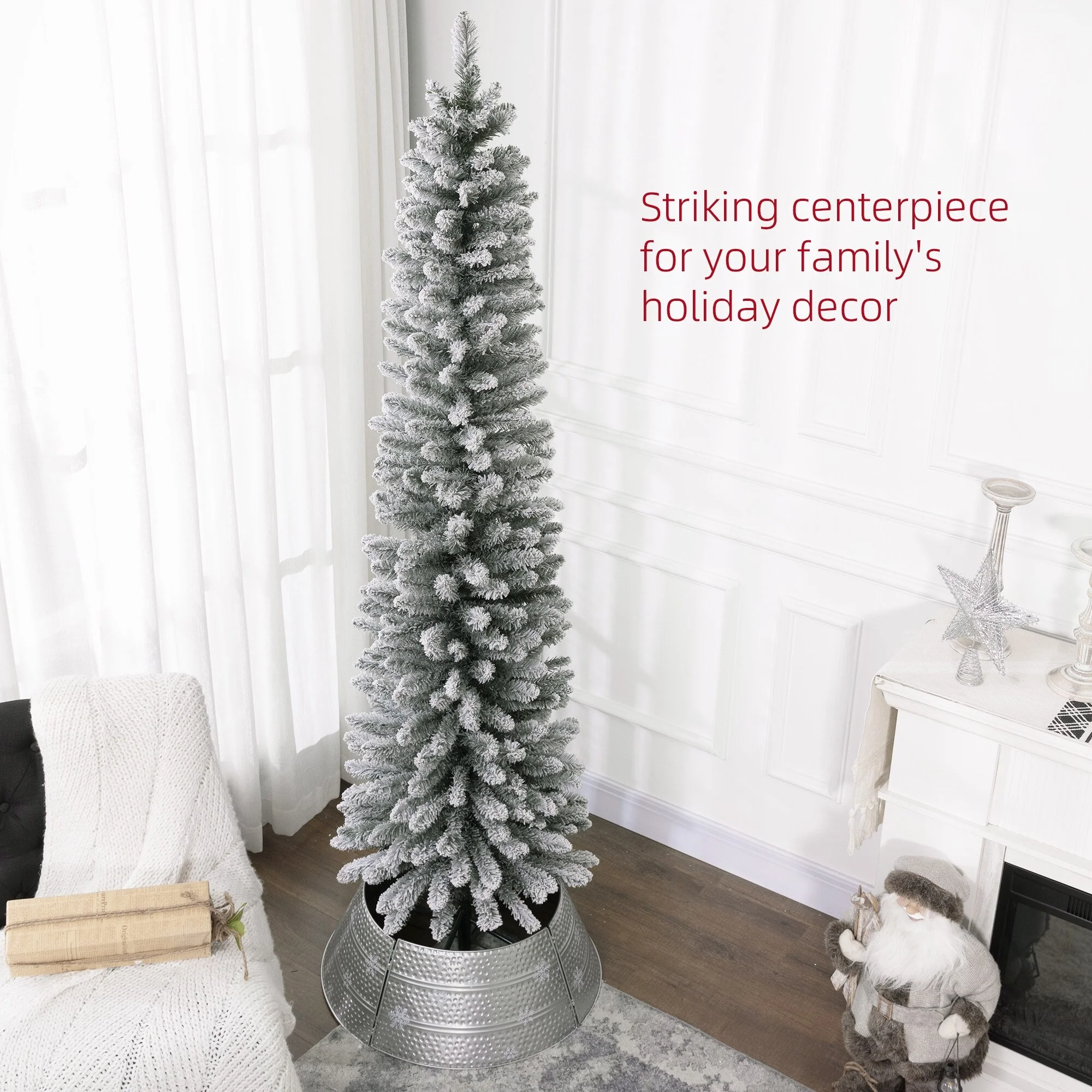 7ft Slim Snow Flocked Pencil Christmas Tree, 405 Tips with Metal Base, Ideal for Small Spaces & Foyers