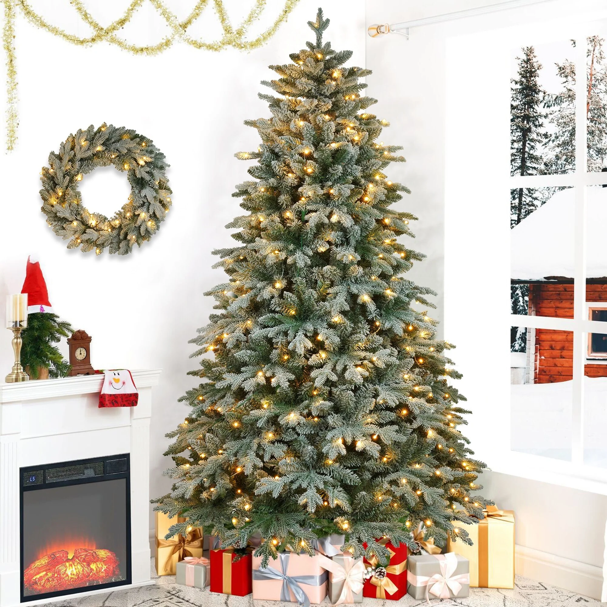Lighted 7ft Artificial Christmas Tree with 1300 Tips and Matching Wreath, 430 LED Lights for Cozy Holiday Ambiance