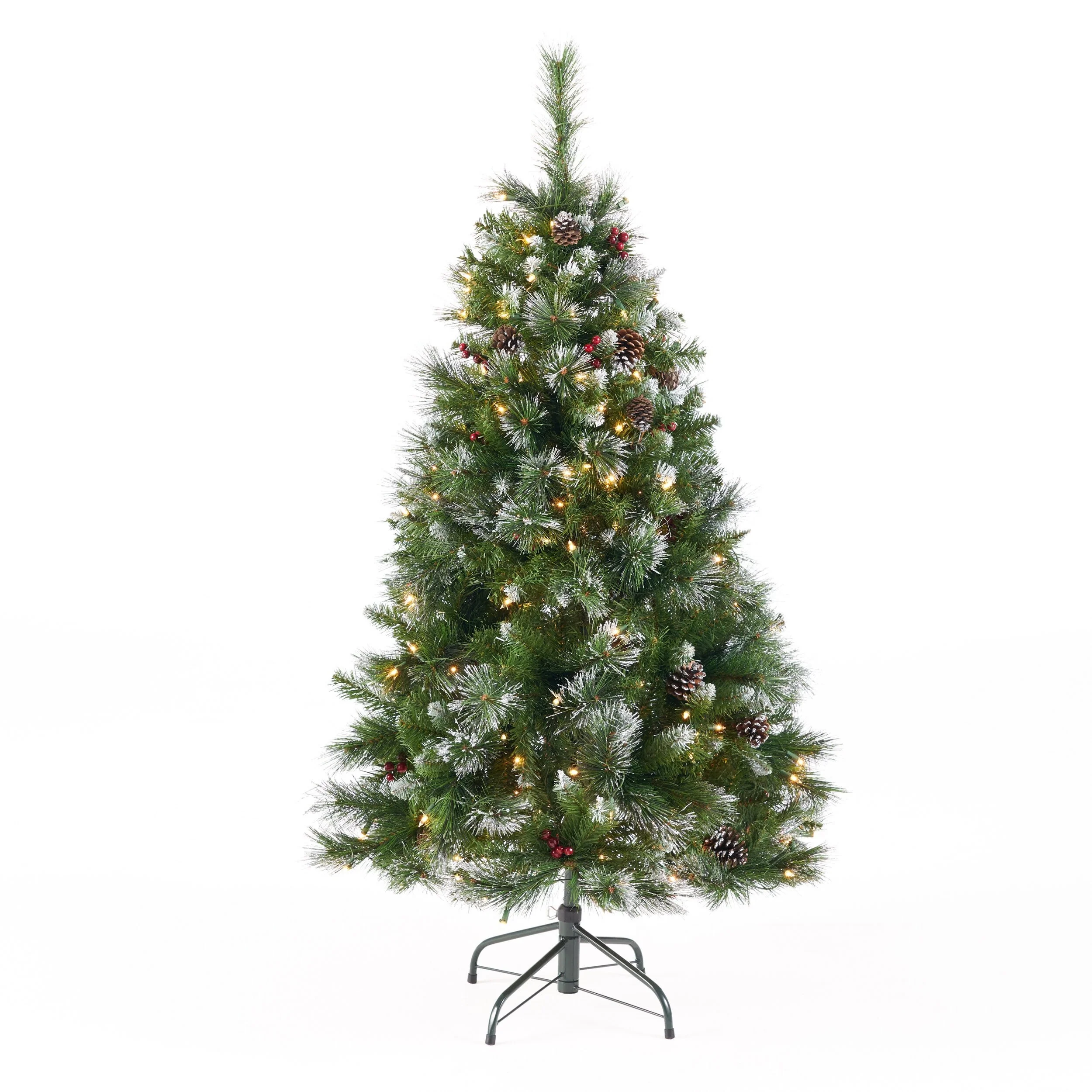 4.5FT Pre-Lit Glitter Bristle Christmas Tree with Pine Cones, Red Berries & 200 Clear Lights, Hinged for Easy Assembly