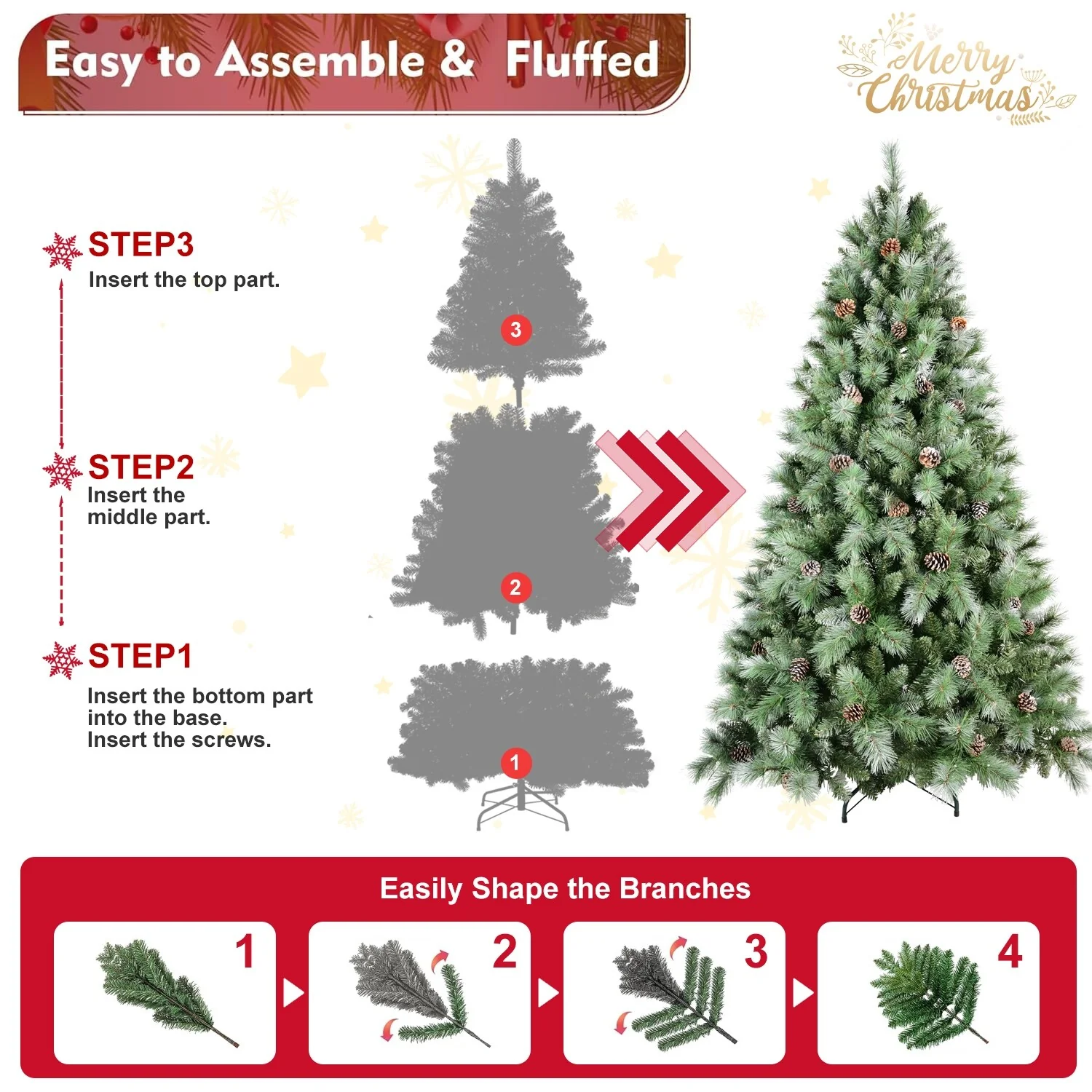 Premium 7.5FT Pre-Decorated Scotch Pine Christmas Tree with Frosted Branches and Natural Pine Cones, 450 LED Lights