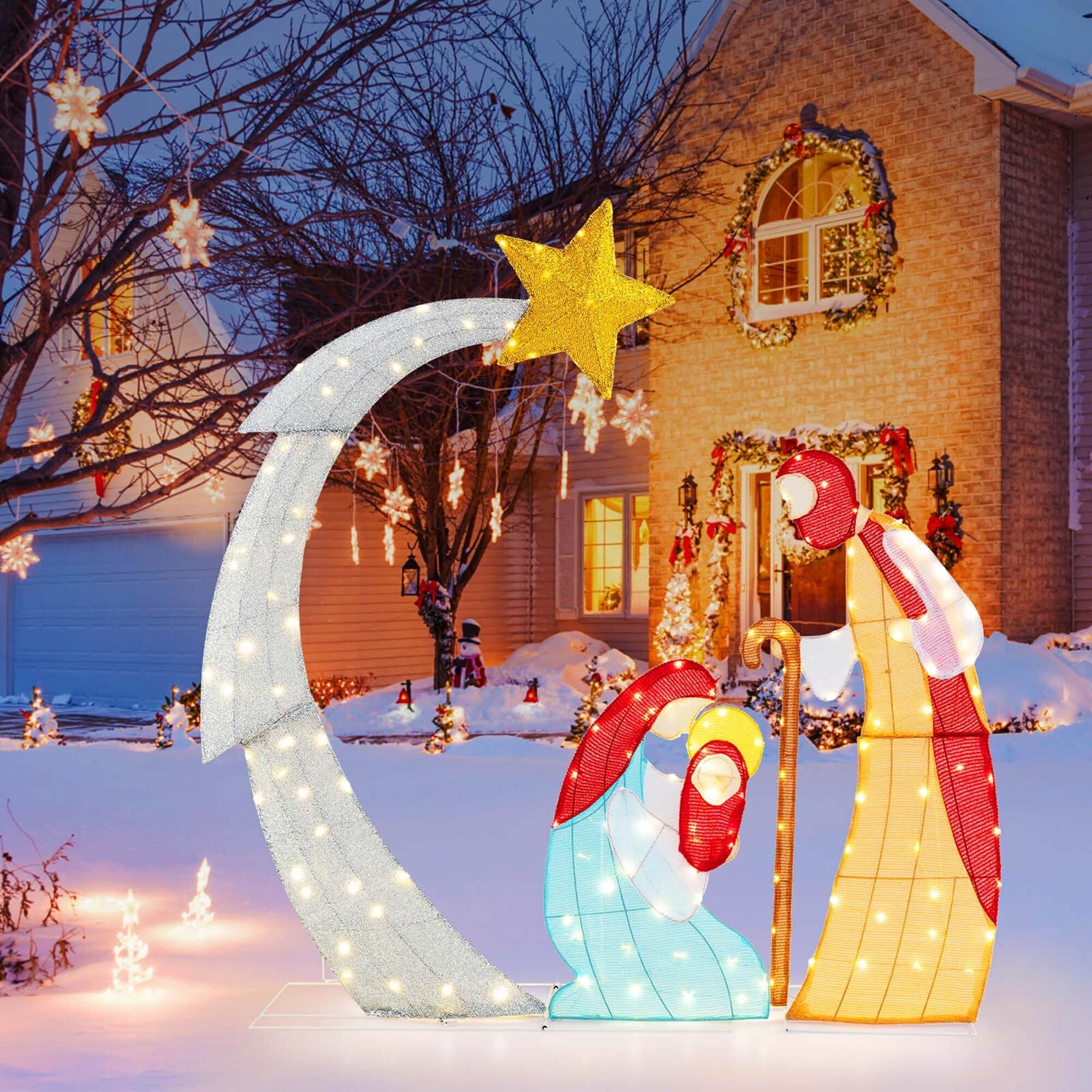 Costway 5 FT Lighted Christmas Nativity Scene Outdoor Christmas Holy - as pic shows - See Details