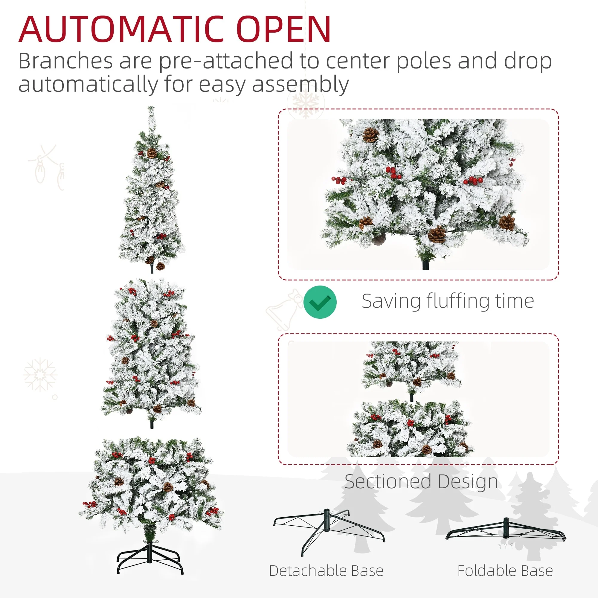 Unlit 6ft/7.5ft Snow-Flocked Pencil Christmas Tree, Pine with Realistic Branches, Pine Cones, and Red Berries