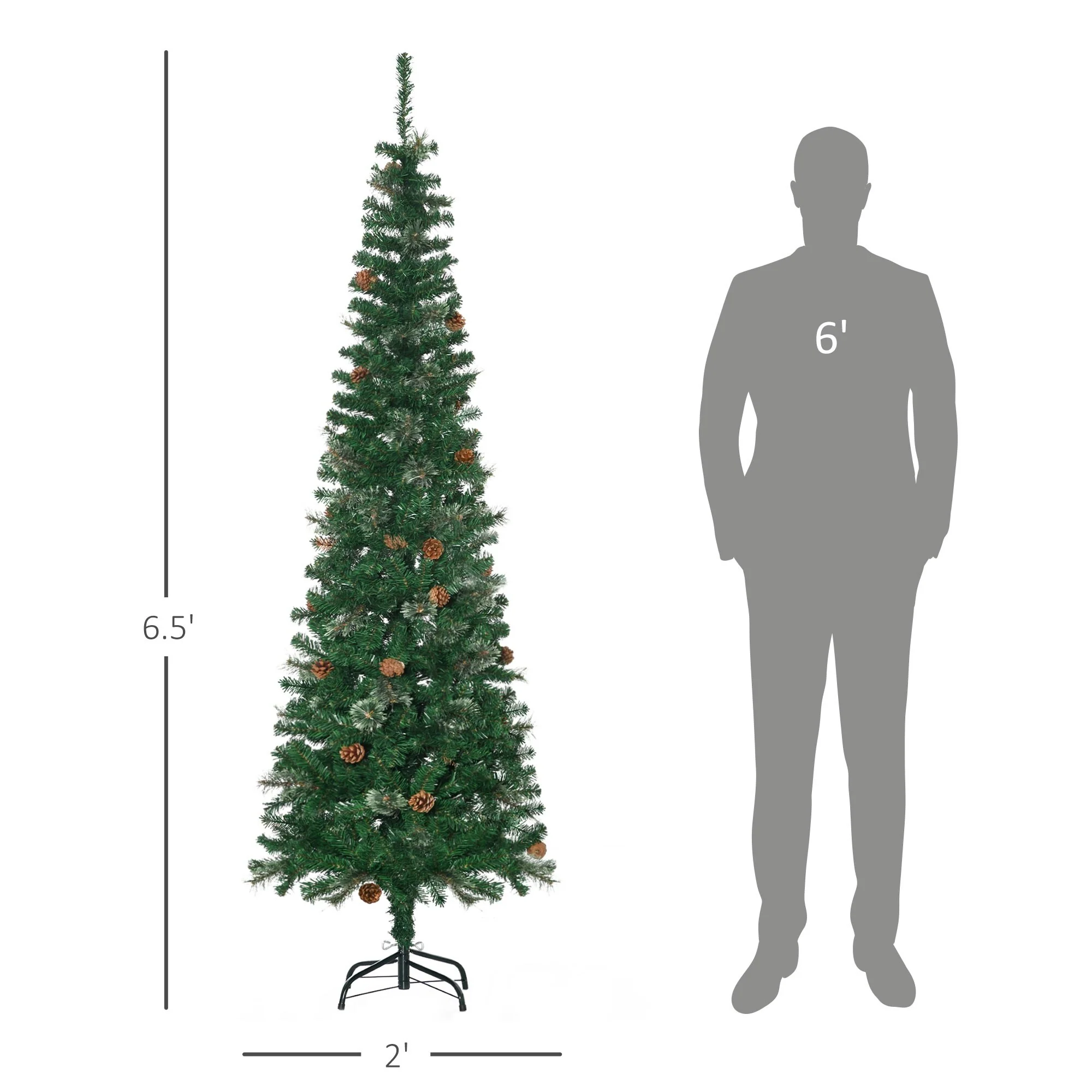 6.5FT Pencil Artificial Christmas Tree with Pine Cones and Needles, Unlit, Slim Design