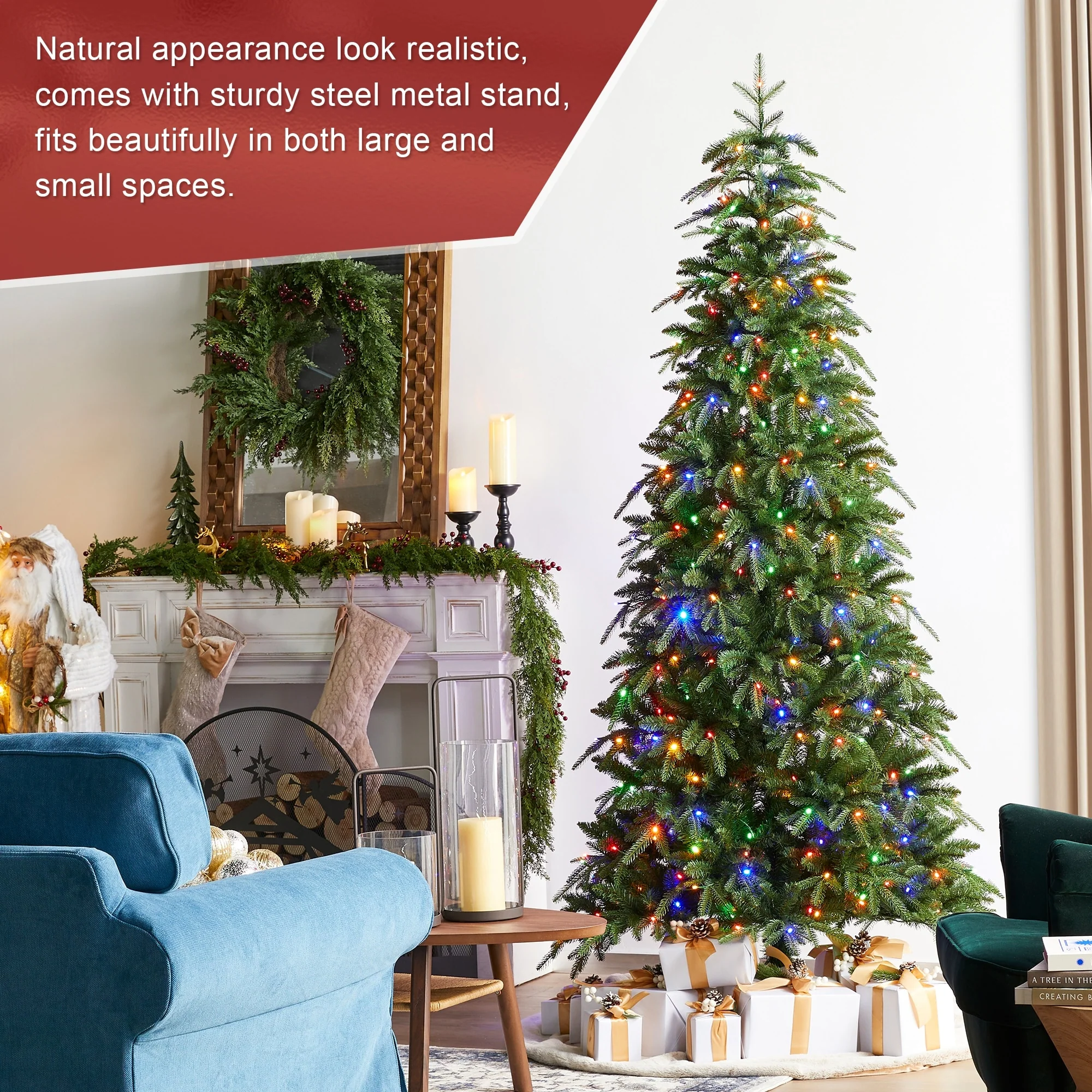 Glitzhome 7.5FT/9FT/11FT/15FT Pre-Lit Green Slim Fir Artificial Christmas Tree with Remote Control