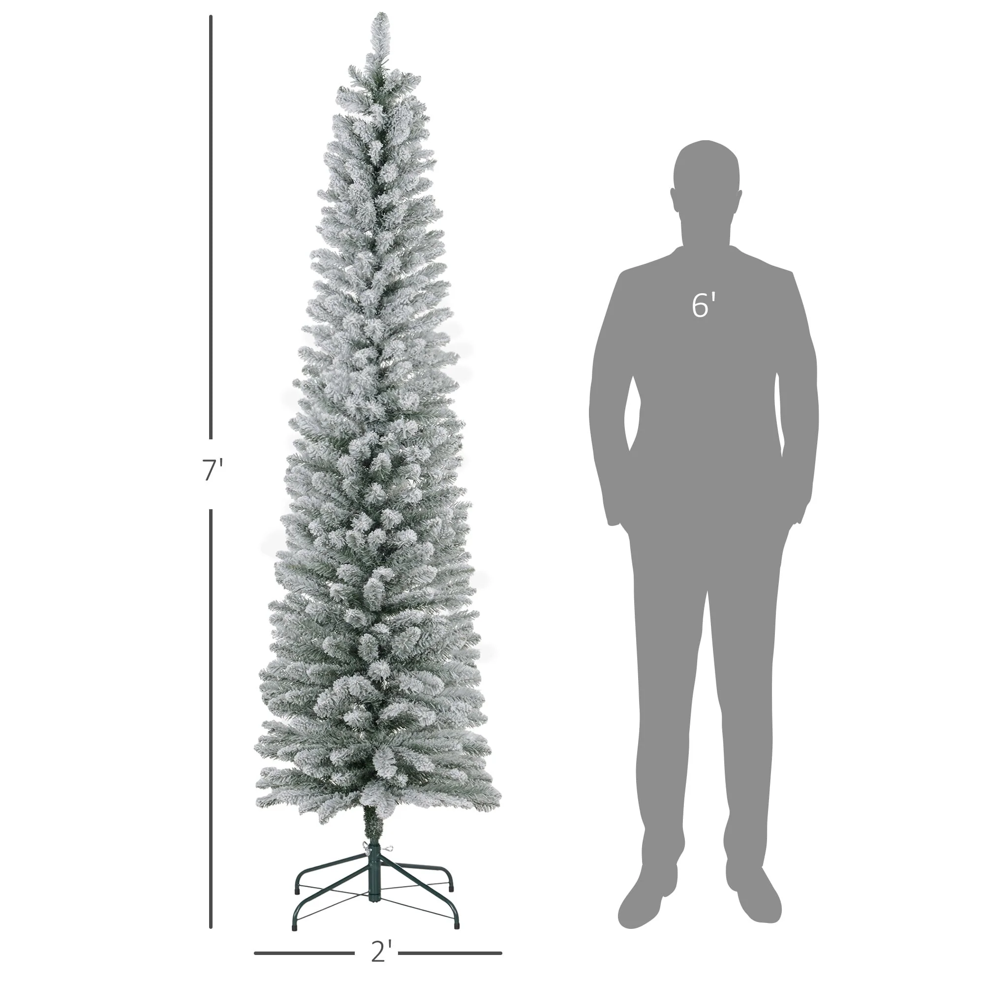 Realistic 7ft Pencil Christmas Tree, Artificial Snow-Flocked Holiday Tree with 405 Branch Tips, Stable Metal Stand