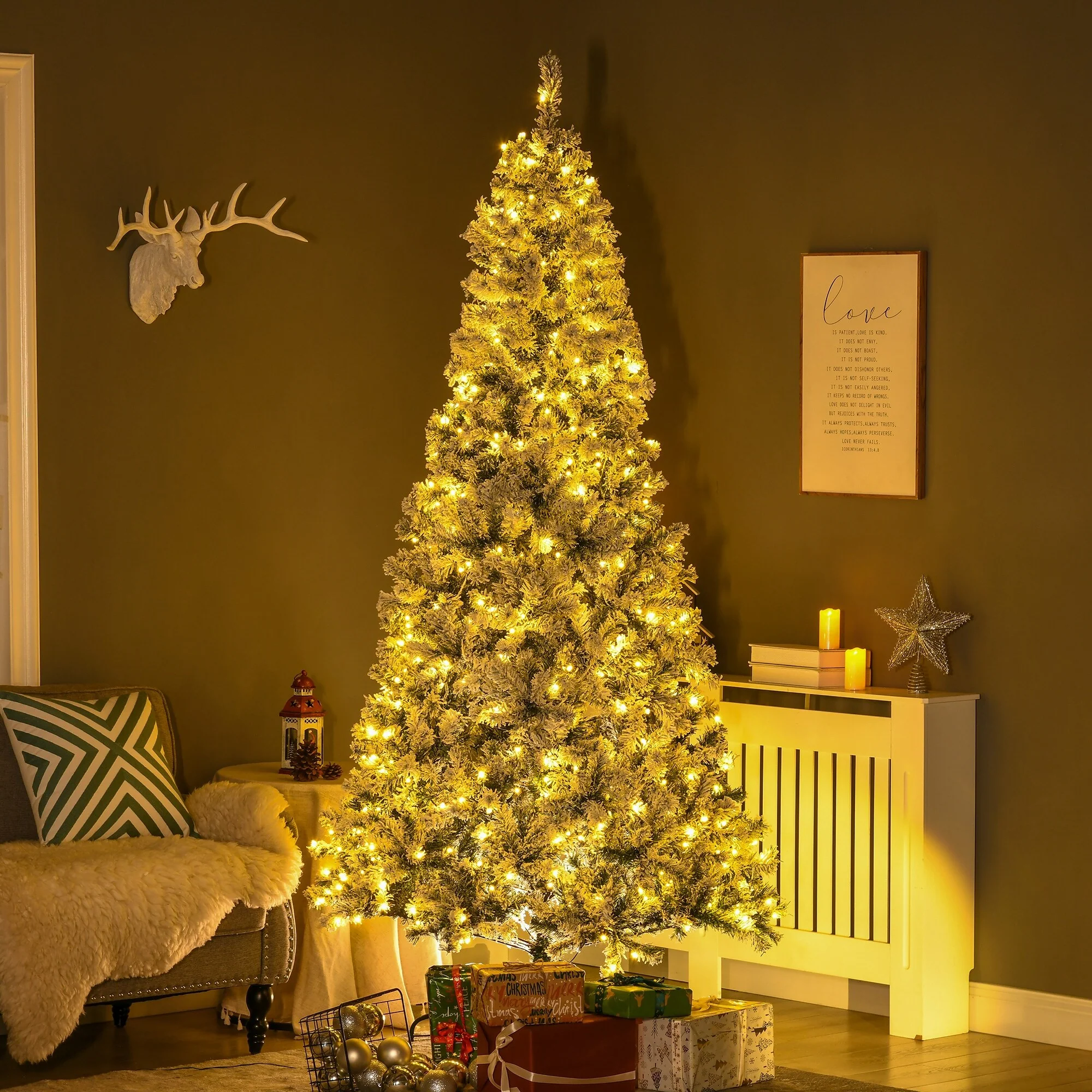 7.5ft Tall Prelit Snow-Flocked Christmas Tree with Auto Open, 500 LED Lights, & Realistic Branches