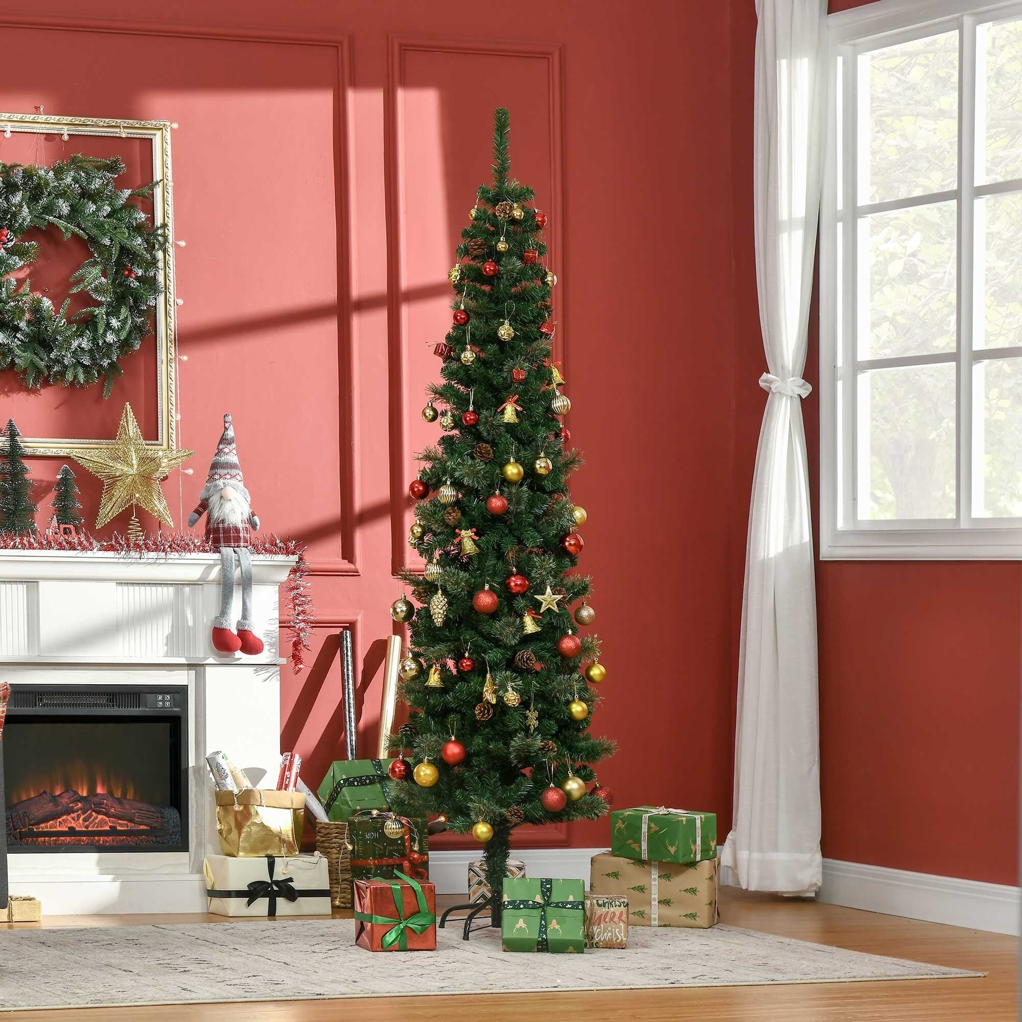 6.5FT Pencil Artificial Christmas Tree with Pine Cones and Needles, Unlit, Slim Design