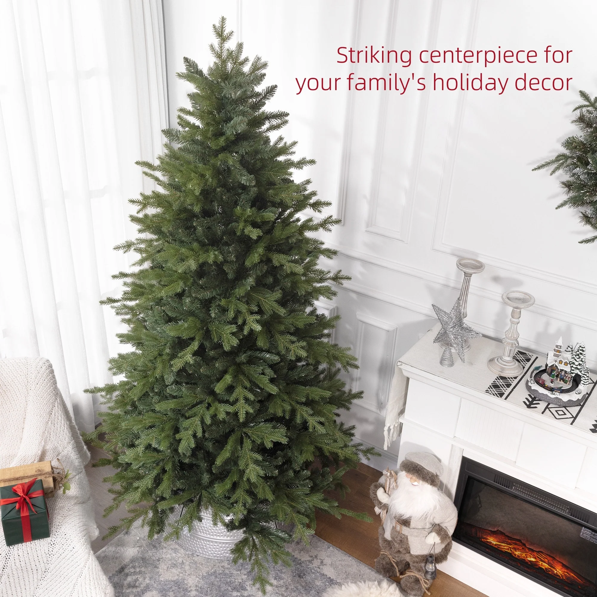 7ft Green Artificial Christmas Tree with 2445 Branch Tips, Easy Assembly Hinged Design & Foldable Metal Stand