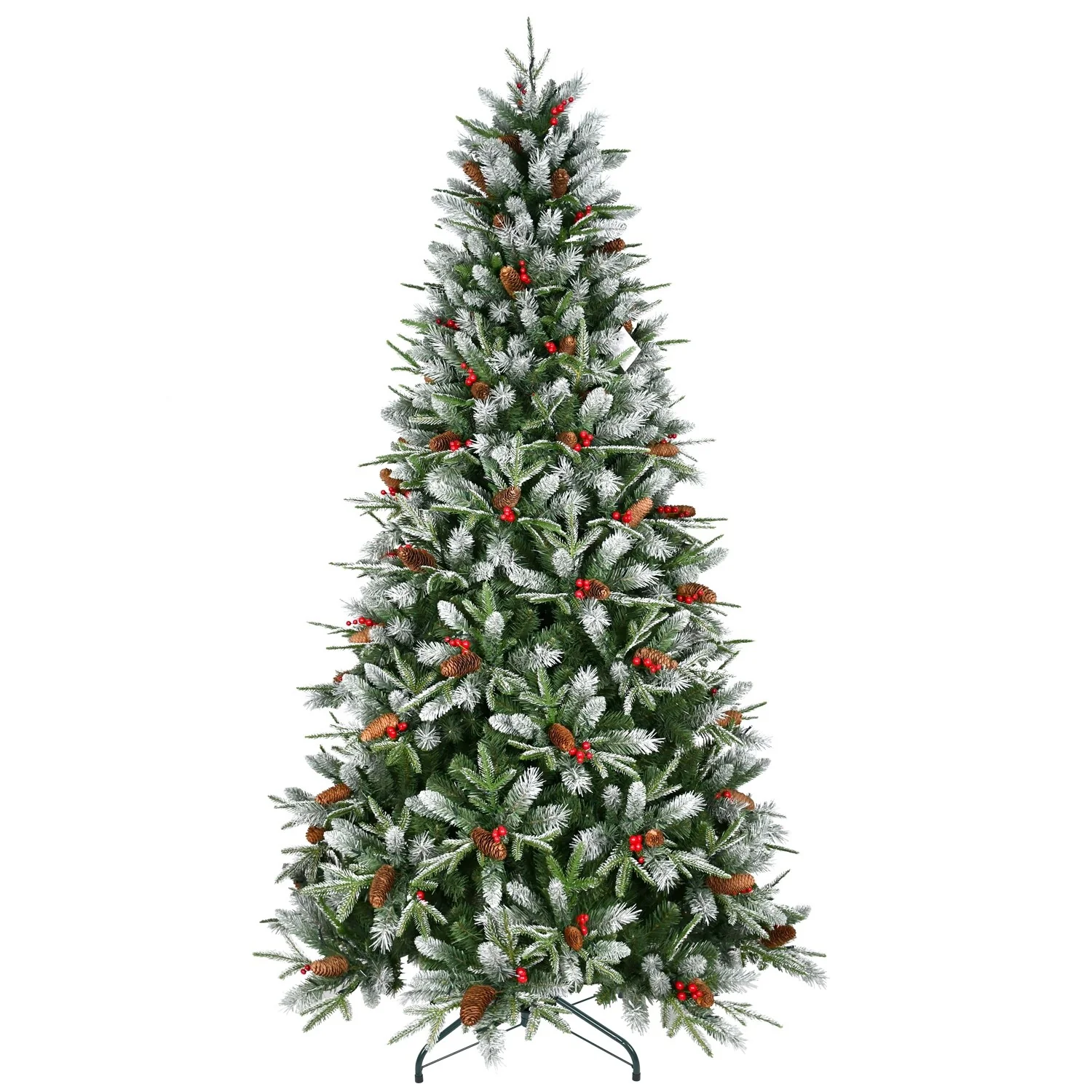 8ft Premium PE PVC Christmas Tree with 2850 Branch Tips, Red Berries, Pinecones