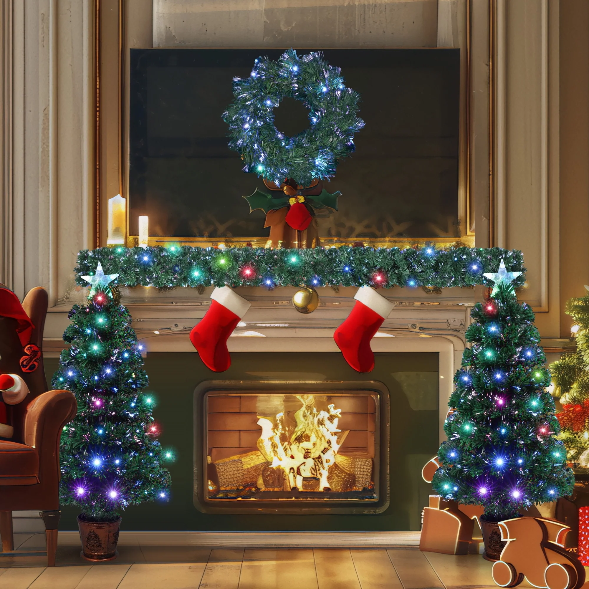 4-Piece Fiber Optic Christmas Tree Set with Entrance Trees, Garland & Wreath