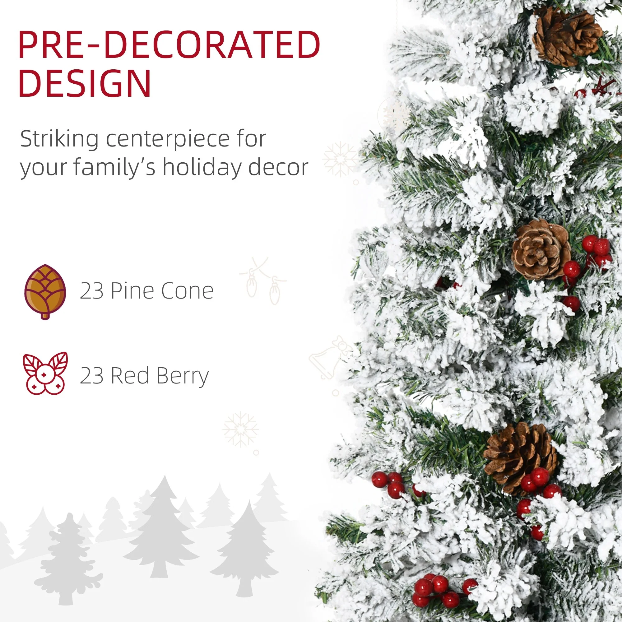 Unlit 6ft/7.5ft Snow-Flocked Pencil Christmas Tree, Pine with Realistic Branches, Pine Cones, and Red Berries