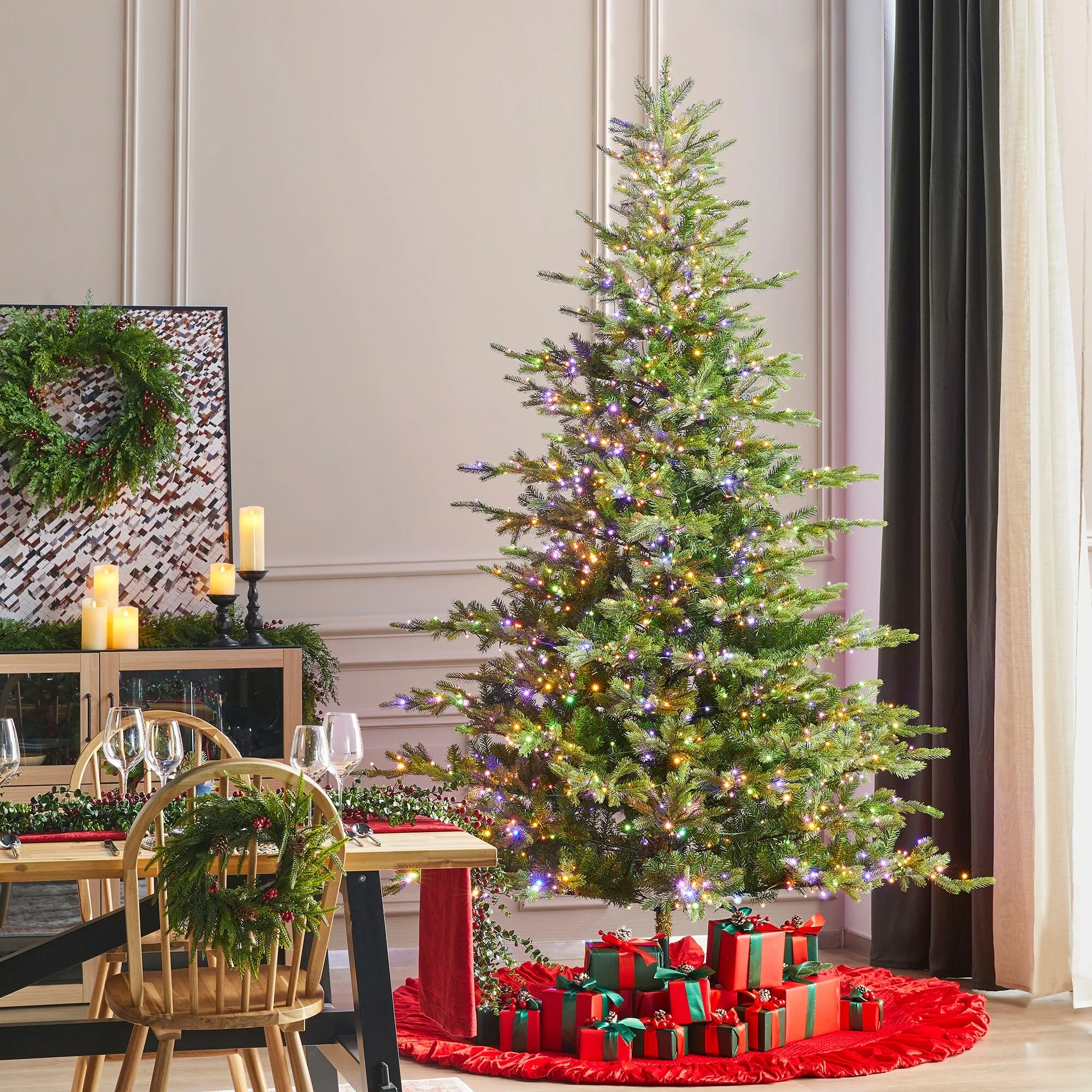 Glitzhome 7.5ft/9ft Pre-Lit Full Fir Artificial Christmas Tree w/Foot Pedal & Remote Control Simple Setup