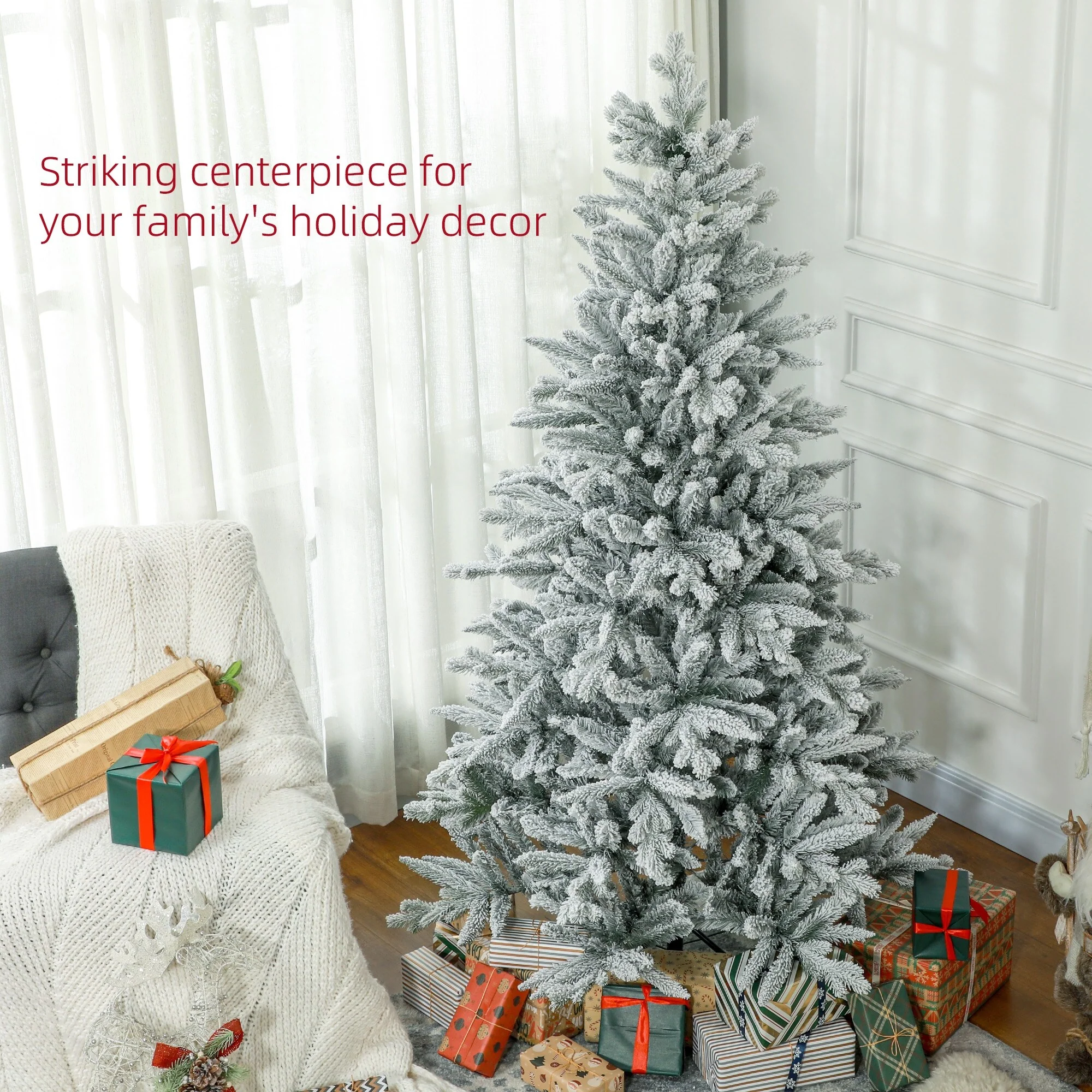 6ft Realistic Snow Flocked Artificial Christmas Tree, Hinged Design with 994 Tips and Flame-Retardant Branches