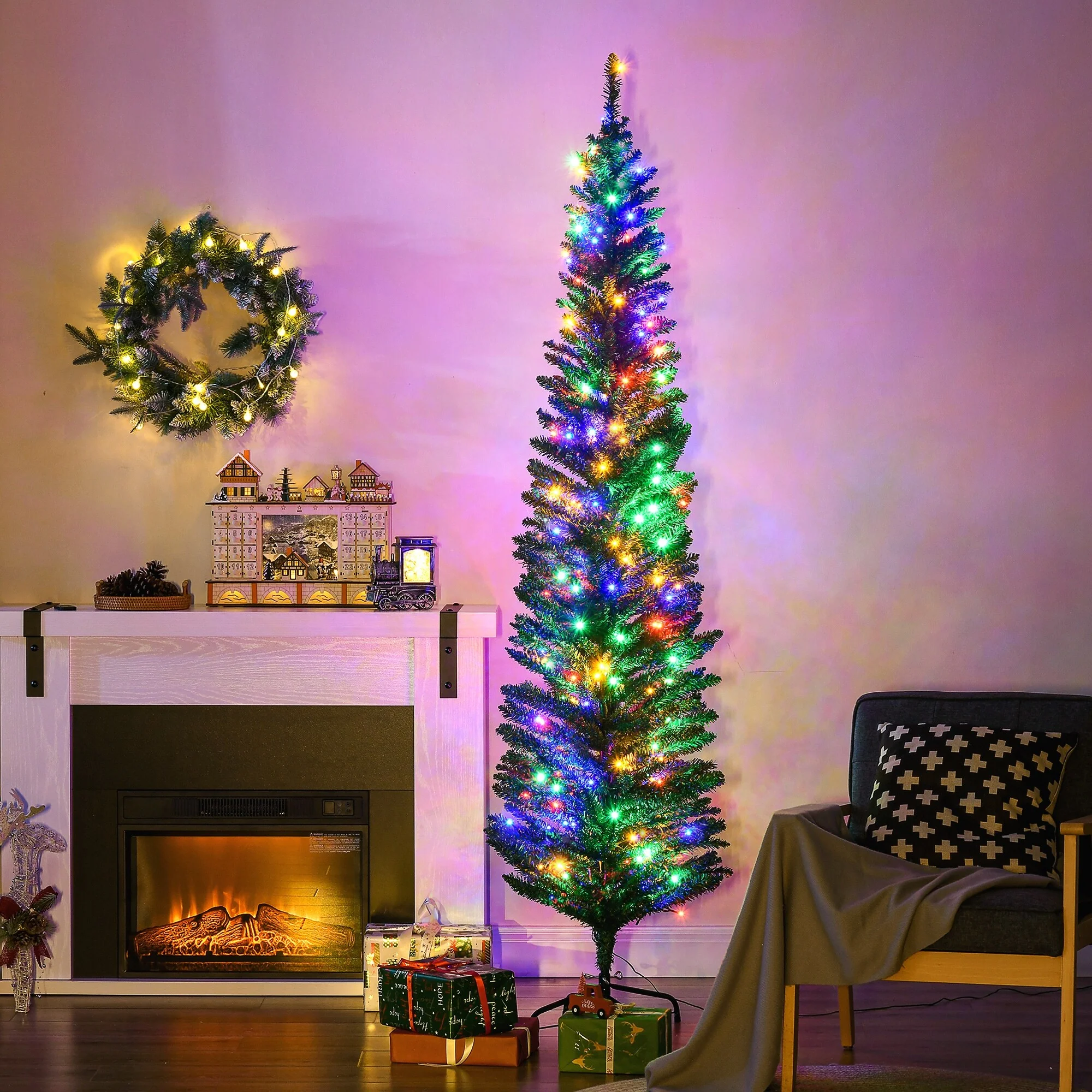 7ft Prelit Pencil Christmas Tree with 180 LED Lights, Slim Profile and Realistic Look