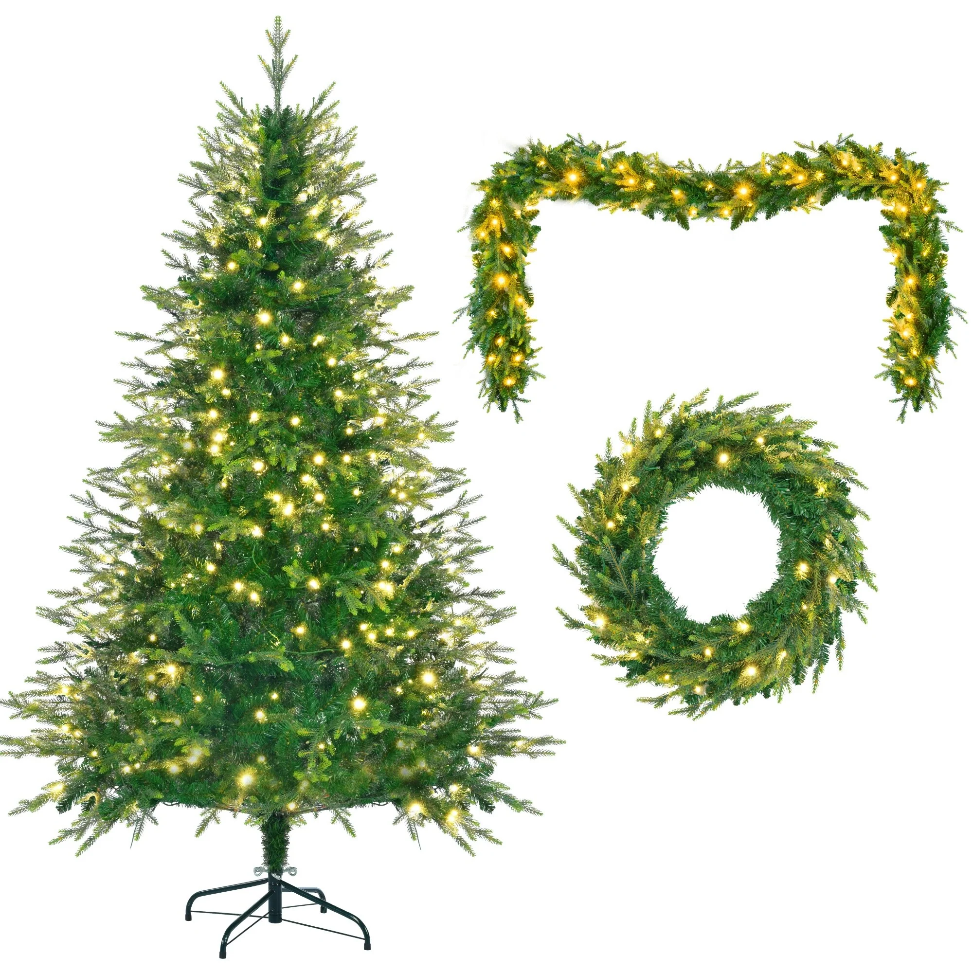Pre-Lit Aspen Fir Xmas Tree Set - 6FT Artificial Tree with 9FT Garland & 20