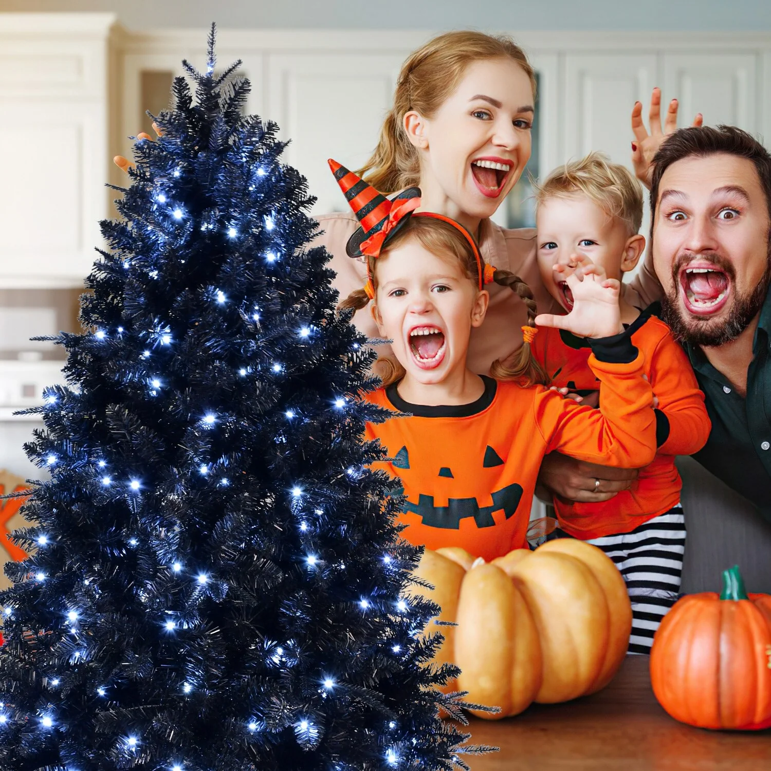 7.5ft Black Christmas Tree with 500 Pre-Strung Incandescent Lights, Full Shape with 2156 Tips, Metal Hinges, and Sturdy Base