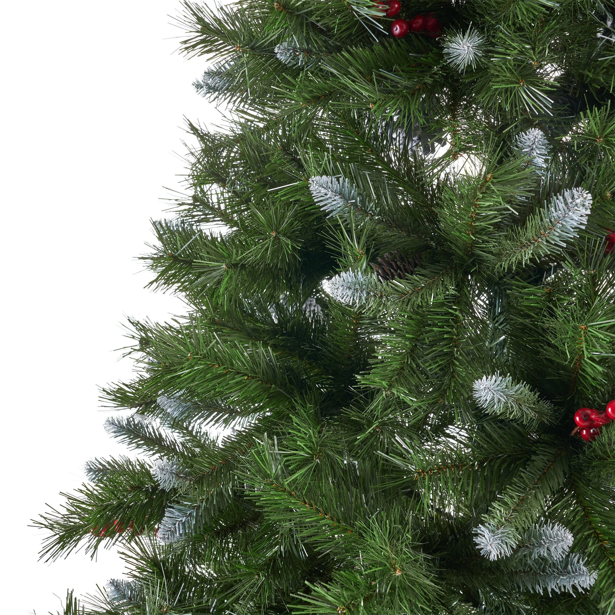 7' Mixed Frosted Hinged Tree with Pine Cones, Red Berries, 1219 Tips, Unlit, Durable Iron Stand, Easy Setup, 53