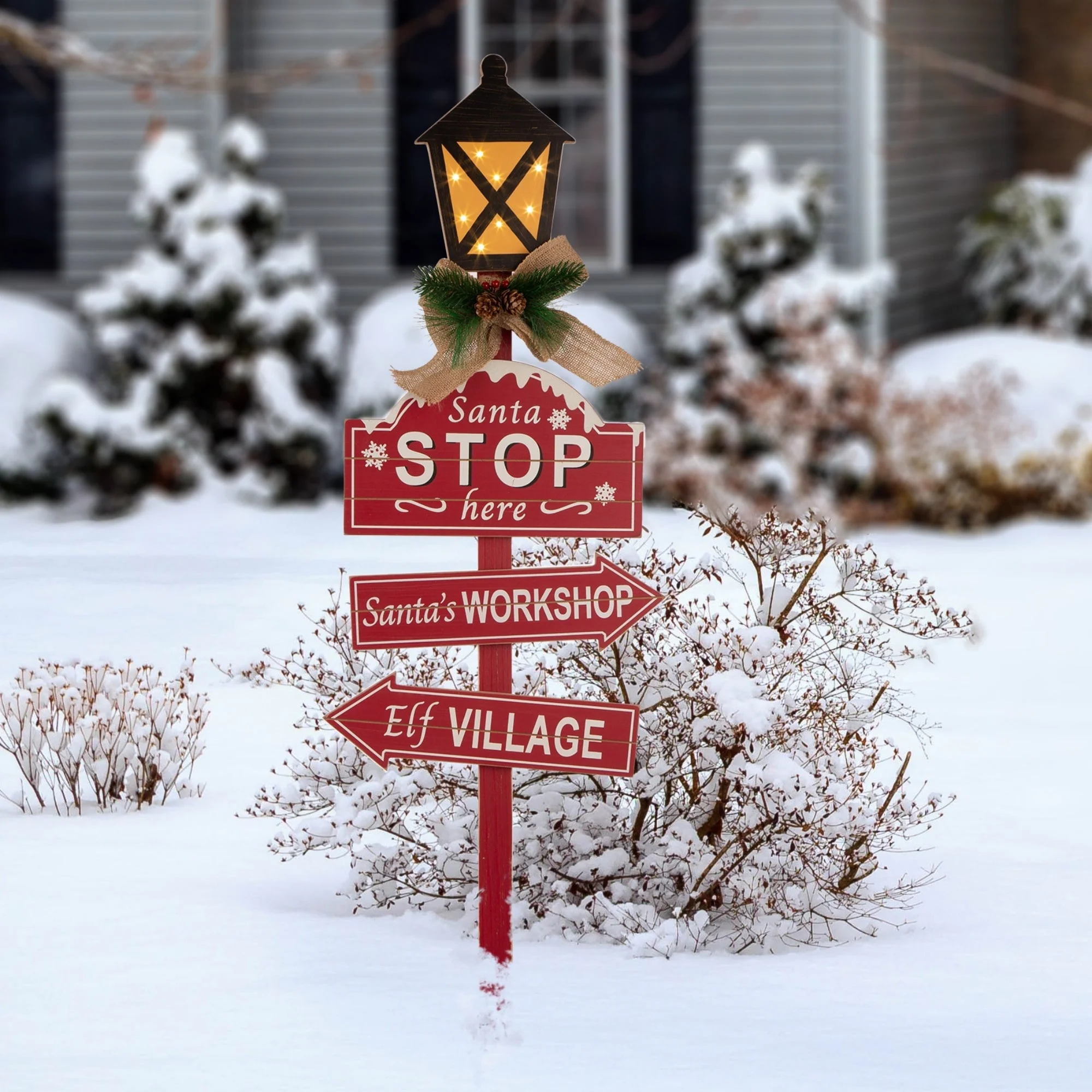 Glitzhome Christmas Lighted Wooden Santa Stop Here Yard Stake Outdoor Decor