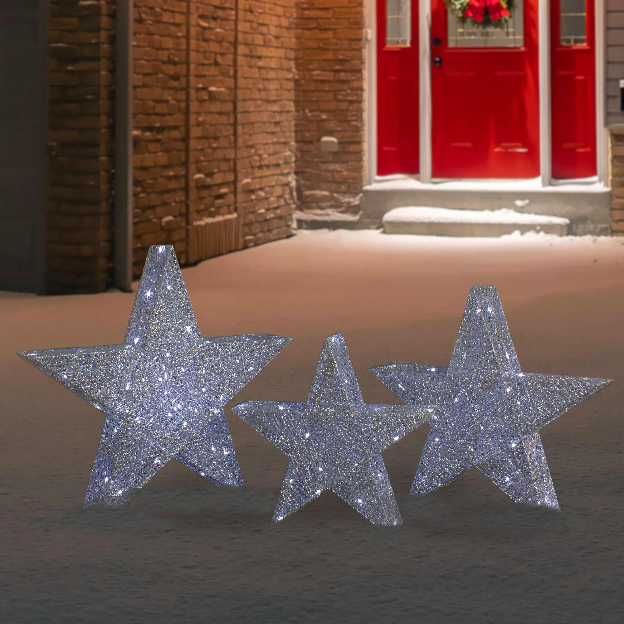 Set of 3 LED Lighted Silver Stars Outdoor Christmas Decorations 24