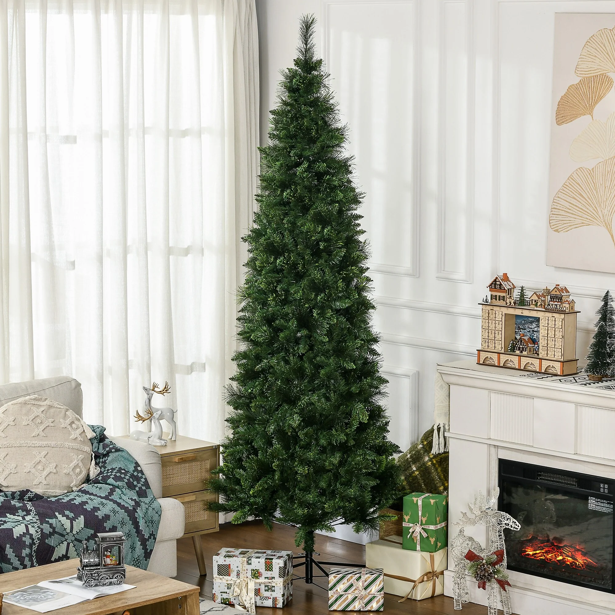 Realistic 7.5ft Pencil Artificial Xmas Tree, Flame-Retardant with 1075 Pine Needles & Auto Open Feature