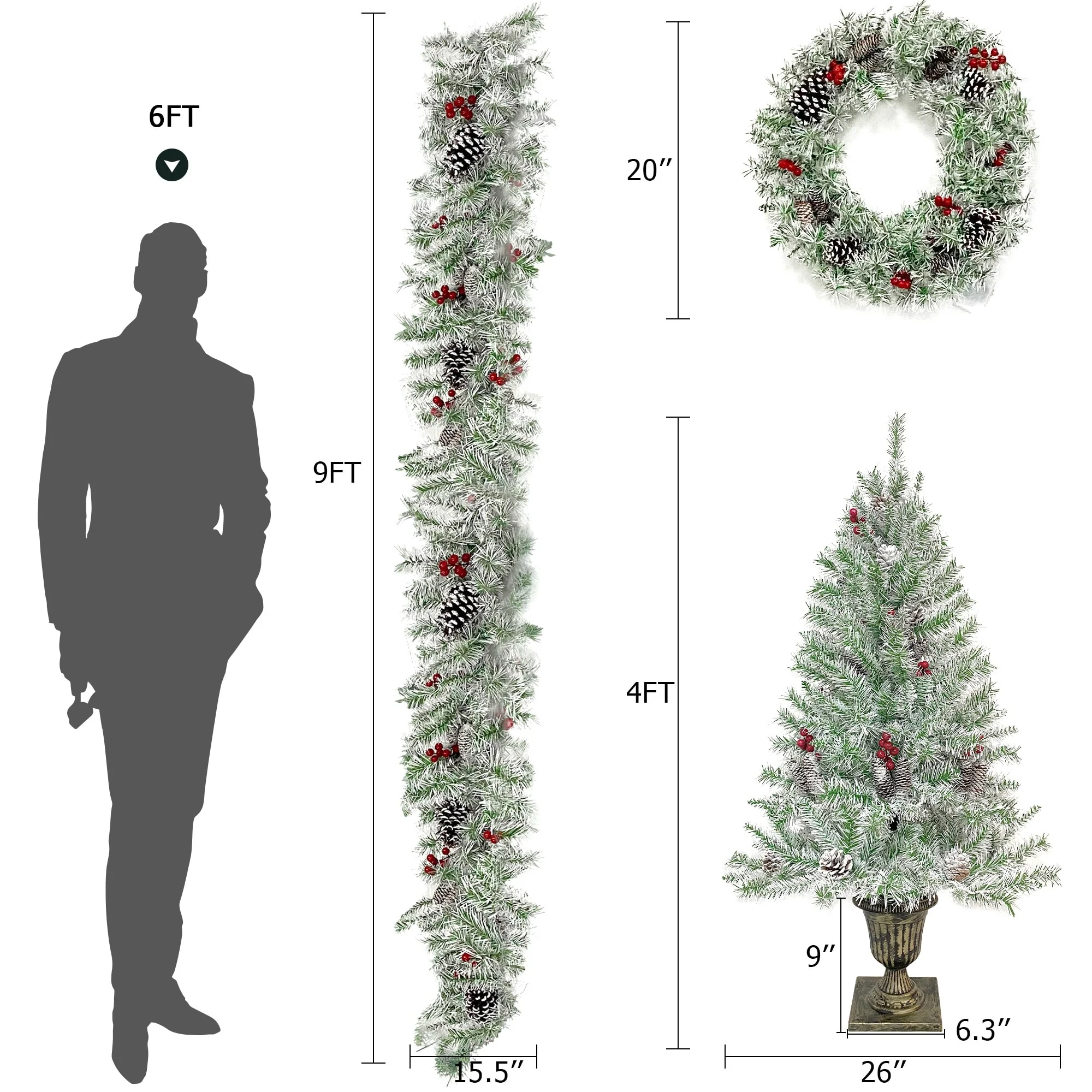 Pre-Lit 4-Piece Holiday Christmas Set - Entrance Trees, Garland, and Wreath with 340 Warm LEDs