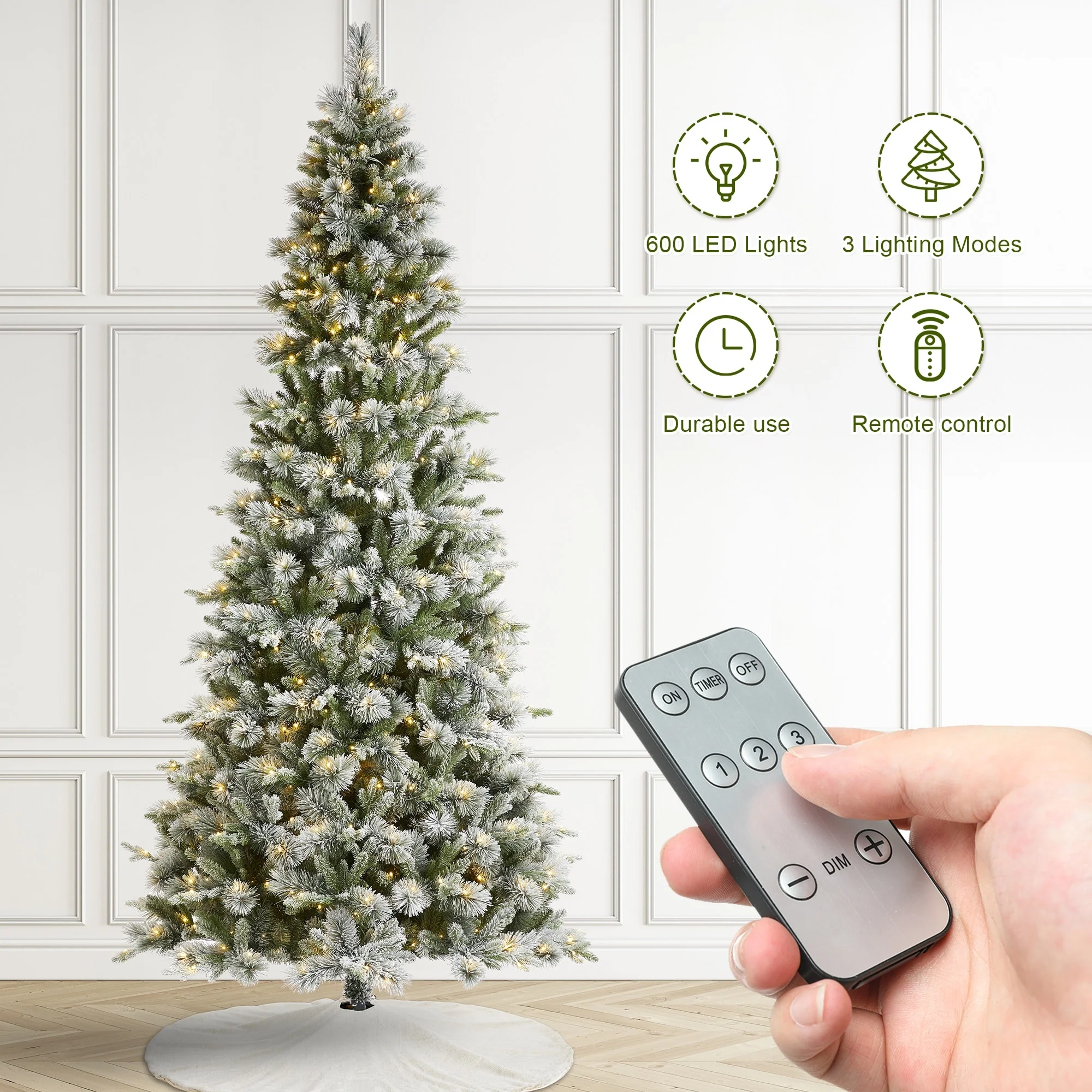 Glitzhome 7.5ft/9ft/11ft Pre-Lit Flocked Slim Pine Artificial Christmas Tree w/ Foot Pedal & Remote Control