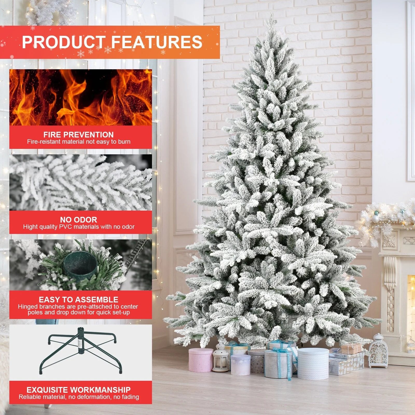 Pre-lit 7FT Flocked Christmas Tree, 1514 Branch Tips and Extra-Thick Metal Stand, Foldable Snowy Tree for Easy Holiday Setup