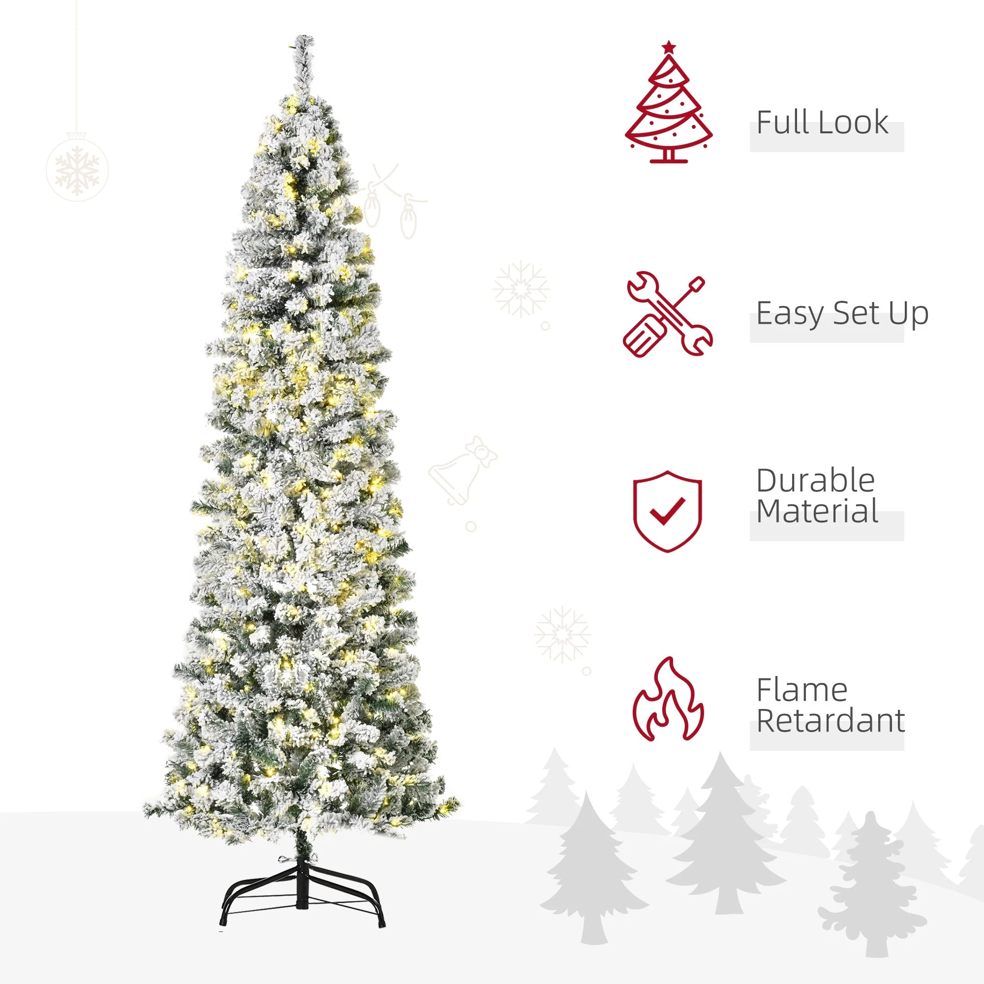 Slim Pre-Lit Snow-Flocked Douglas Fir Christmas Tree with Warm White LED Lights and Tips - 6ft/7.5ft/9ft Options