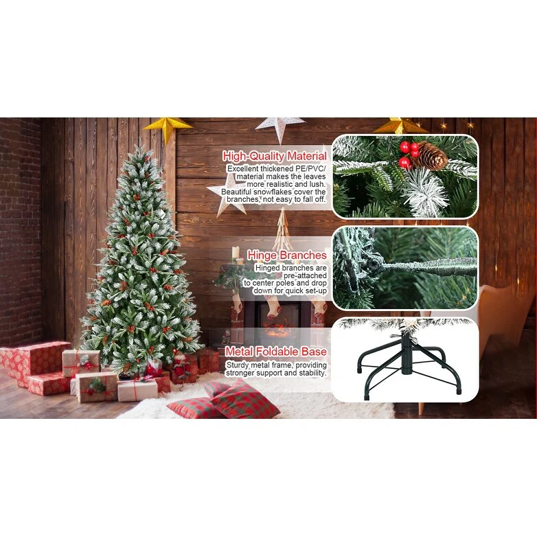 8ft Premium PE PVC Christmas Tree with 2850 Branch Tips, Red Berries, Pinecones