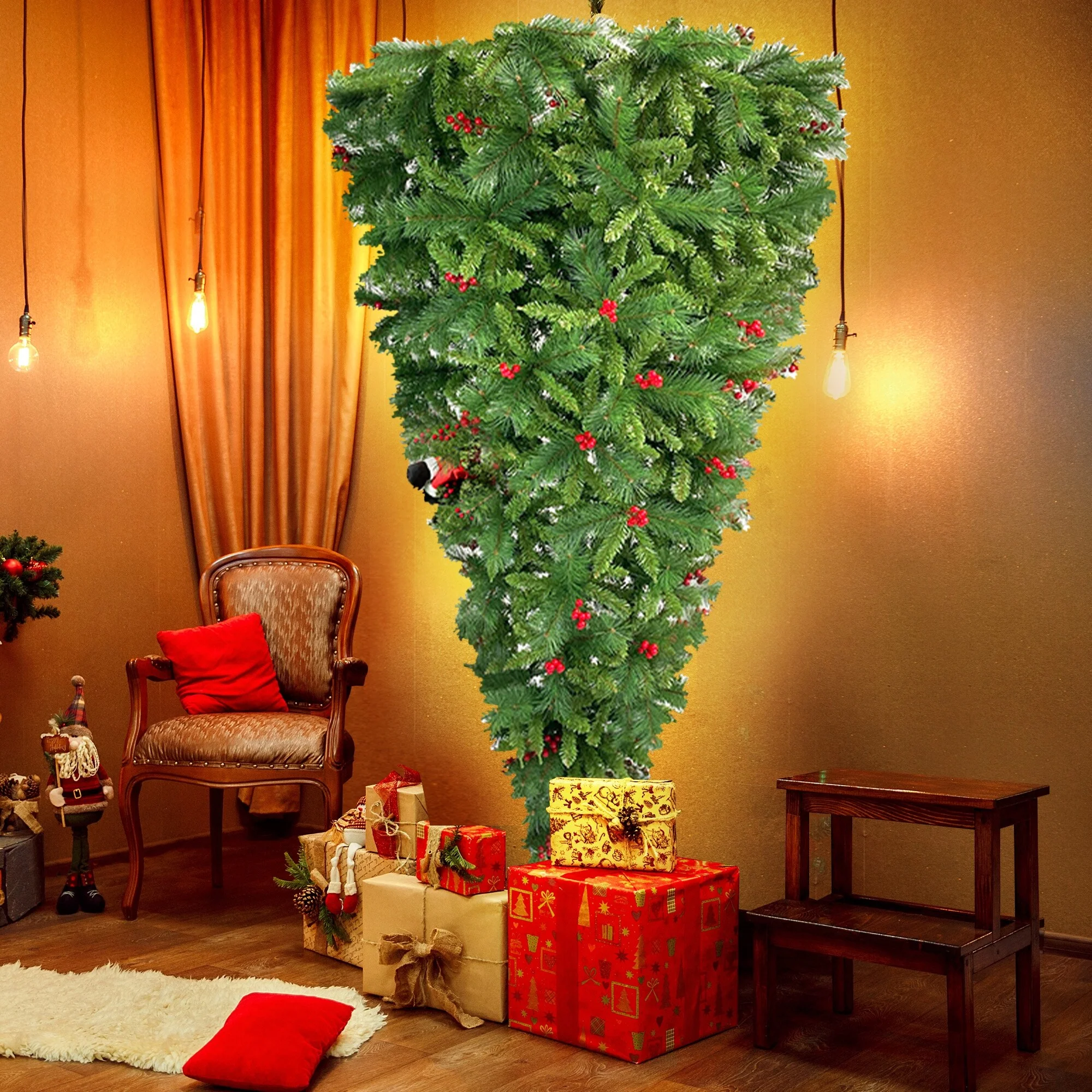 7.5FT Upside Down Christmas Tree with Santa's Legs, Artificial Berries & PVC Pine Needles for Festive Holiday Decor