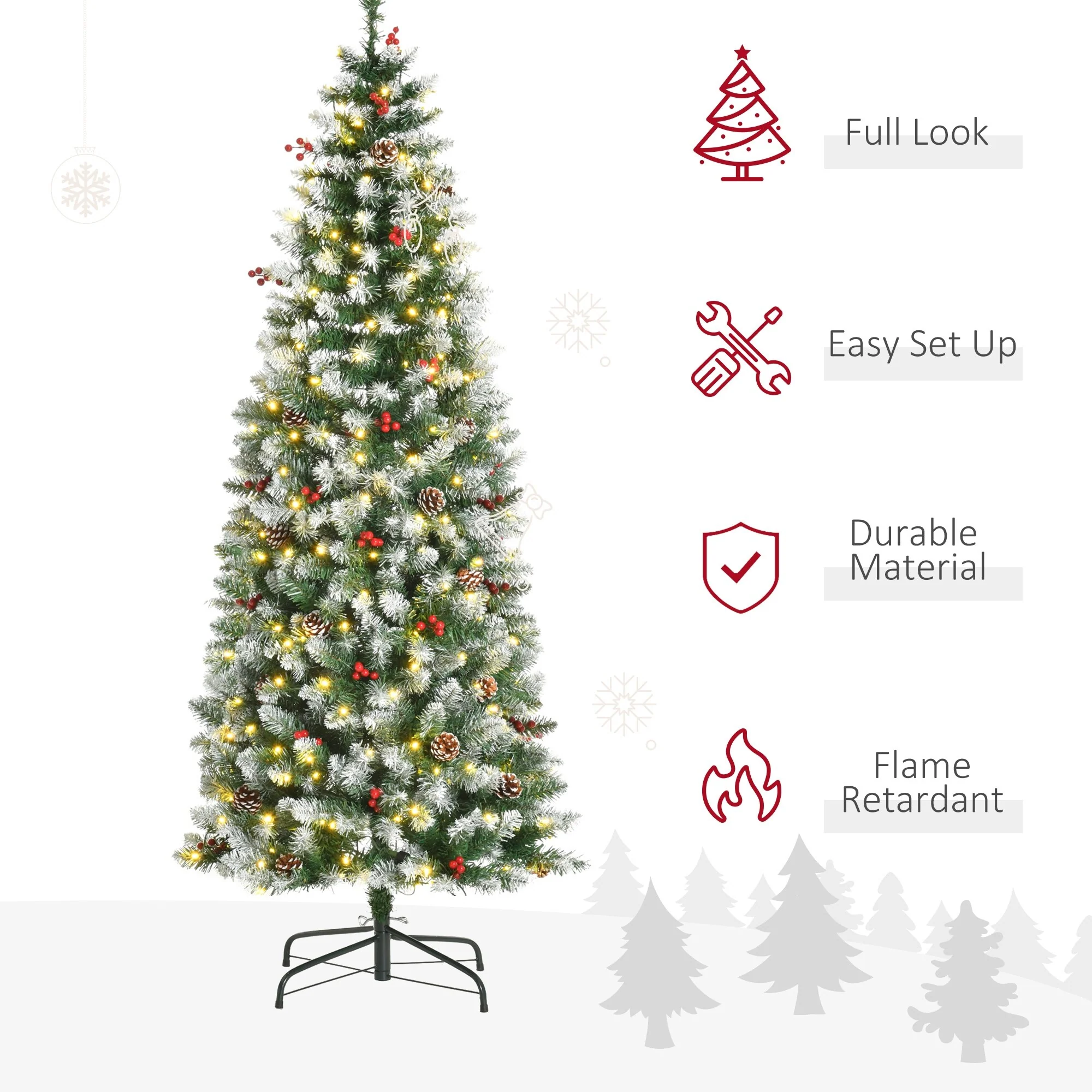 Realistic Snow-Flocked Artificial Christmas Tree,Pre-Lit with LED Lights,Pine Cones & Red Berries,Available in 6ft, 7.5ft & 9ft