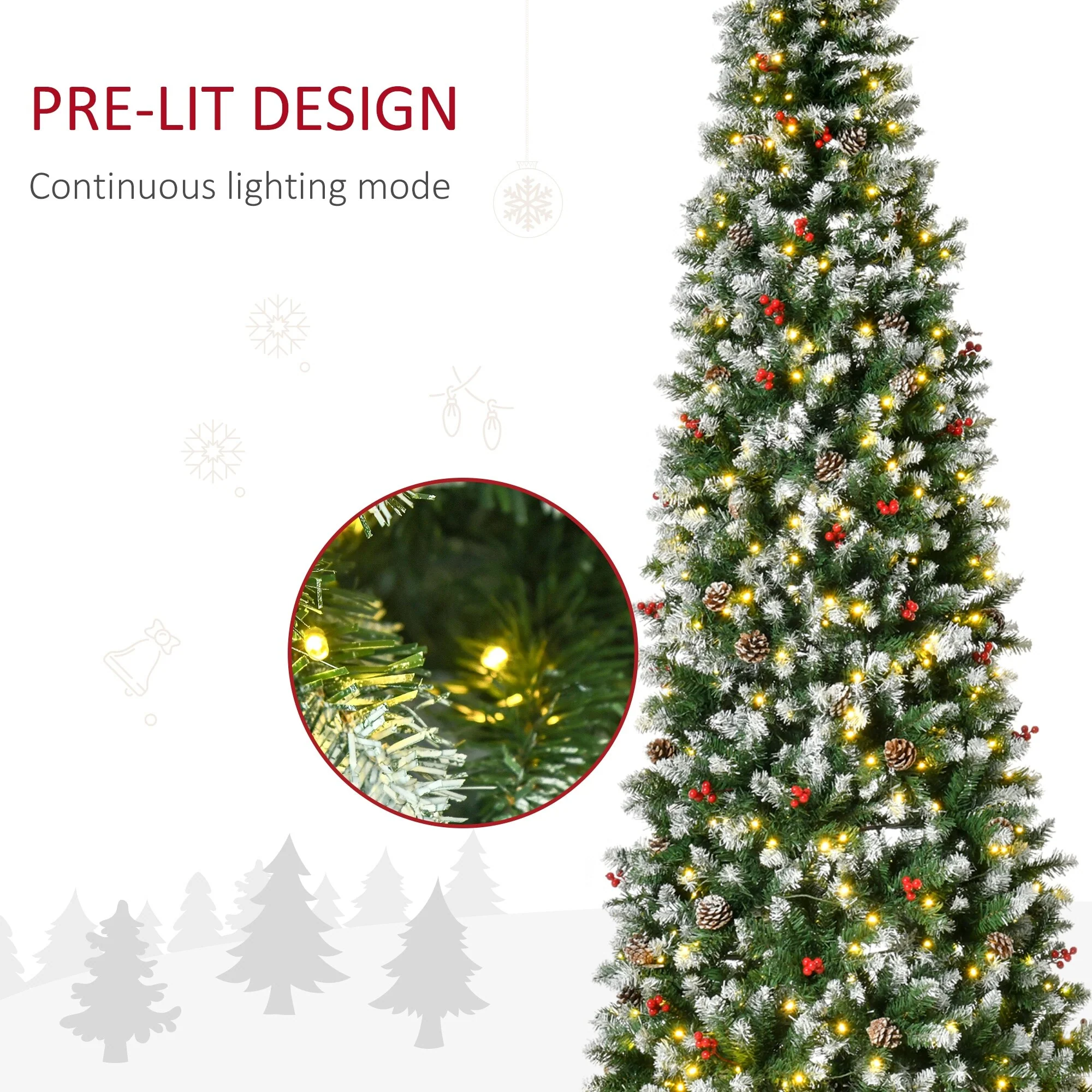 Realistic Snow-Flocked Artificial Christmas Tree,Pre-Lit with LED Lights,Pine Cones & Red Berries,Available in 6ft, 7.5ft & 9ft