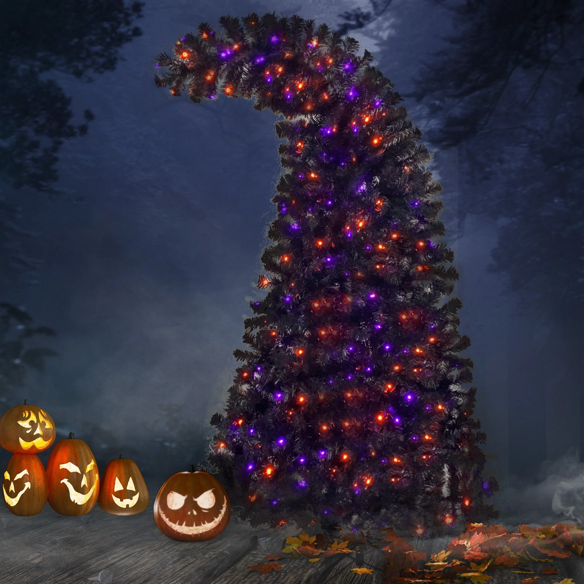 6FT Black Grinch-Style Bendable Christmas Tree with 300 Cold LED Lights, 1,080 Tips, Halloween and Holiday Decor