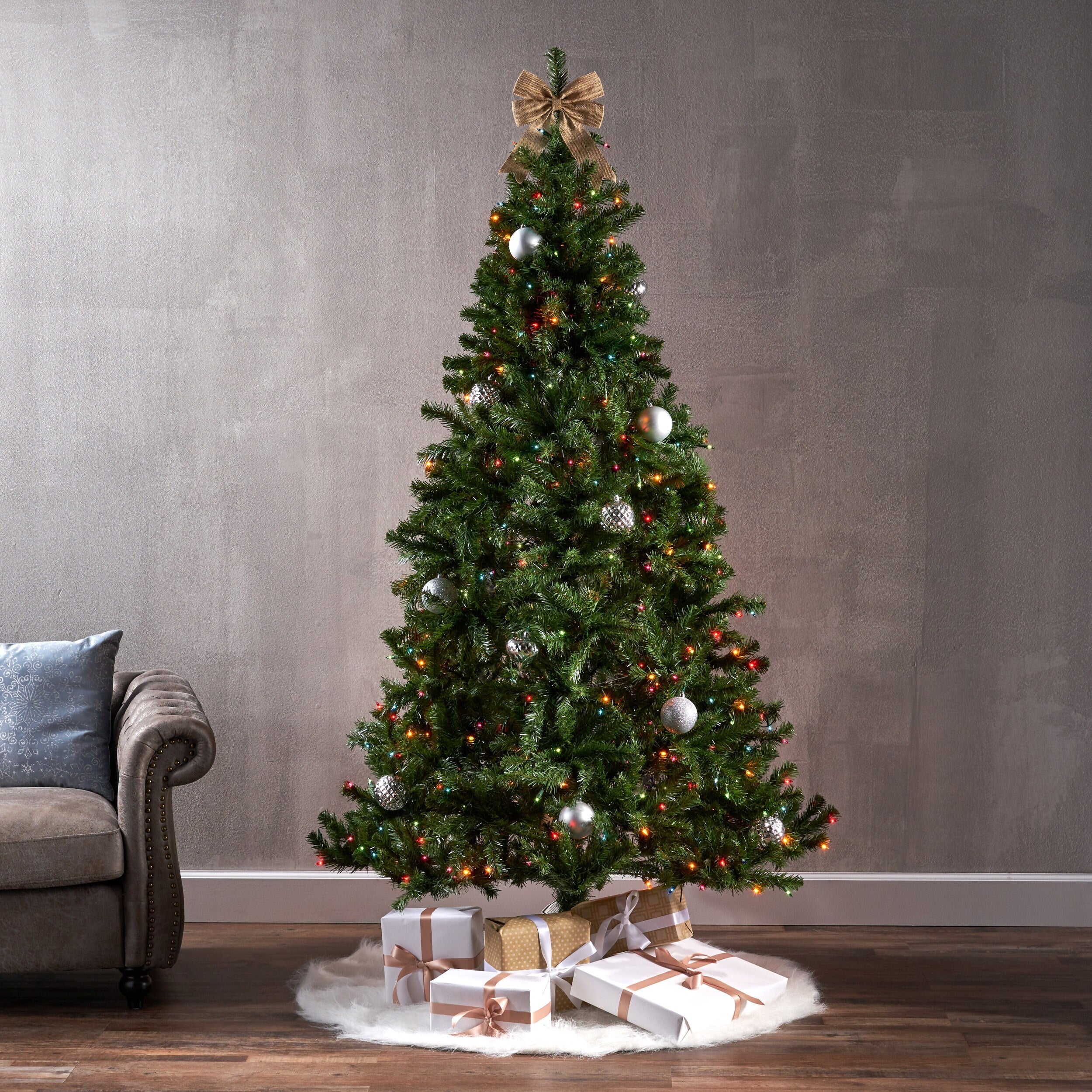 7' Pre-Lit Noble Christmas Tree with 500 UL-Certified Multi-Color Lights, Hinged Branches & Iron Stand, 48