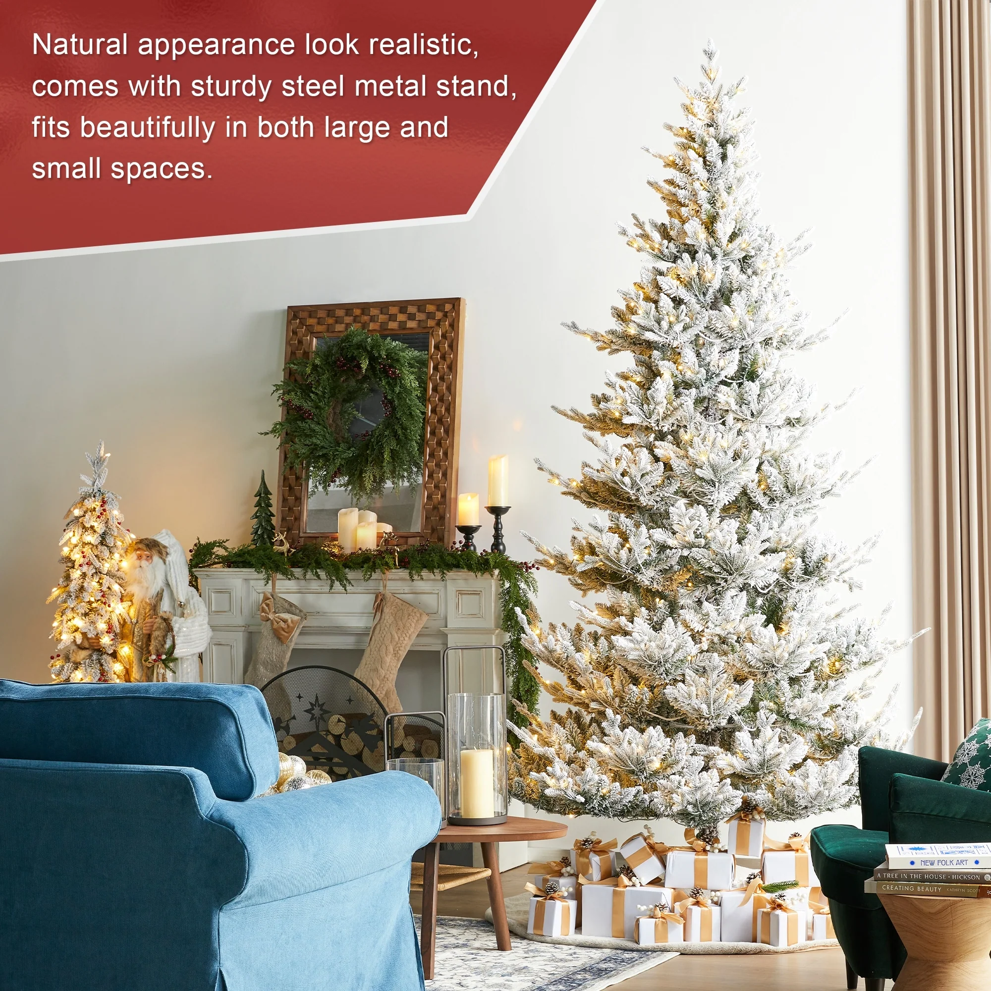 Glitzhome 7.5ft/9ft Pre-Lit Flocked Upward Slim Fir Artificial Christmas Tree with Remote Control