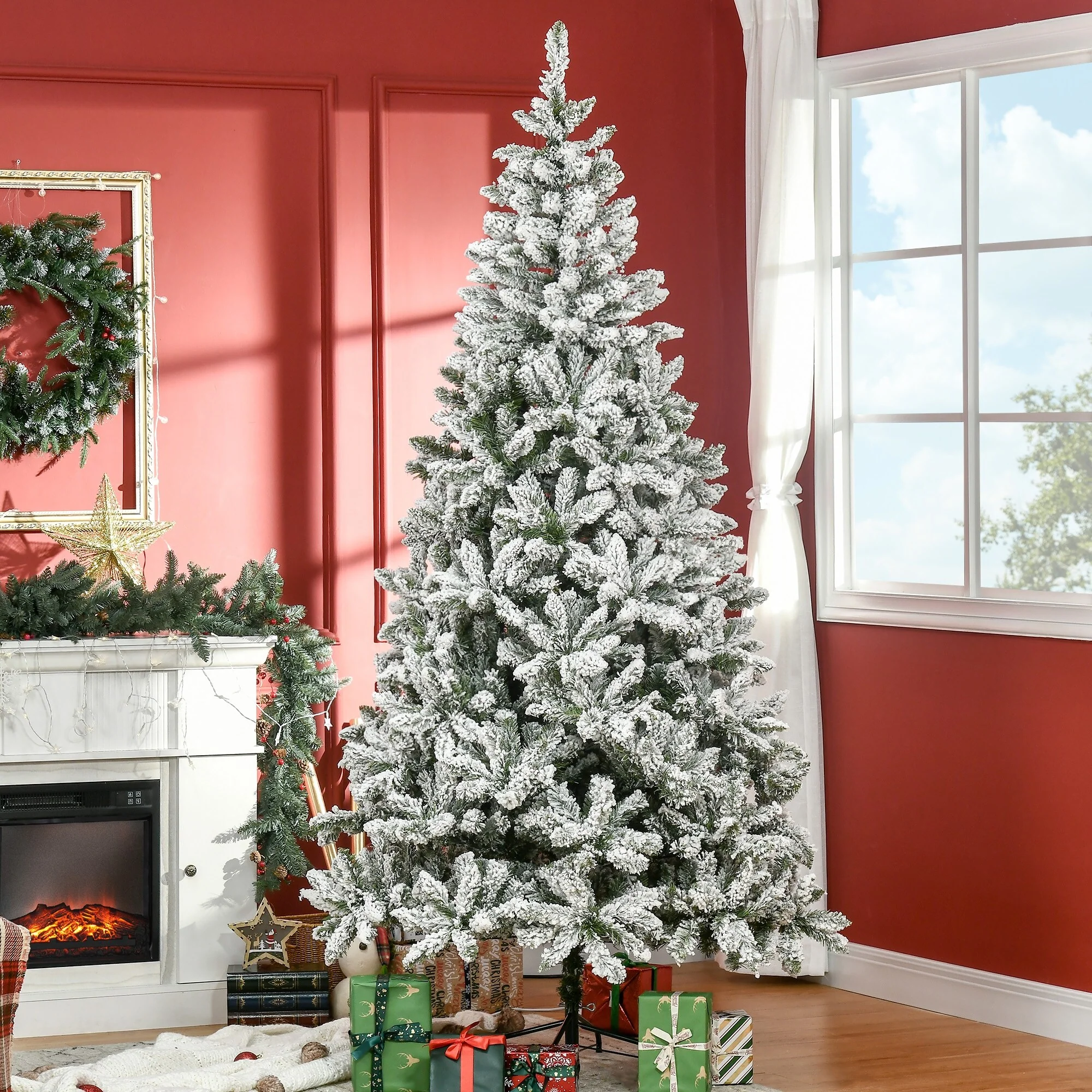 Snow Flocked 7.5ft/9ft Unlit Artificial Pine Christmas Tree with Lifelike Branches, Perfect for Holiday Ambiance