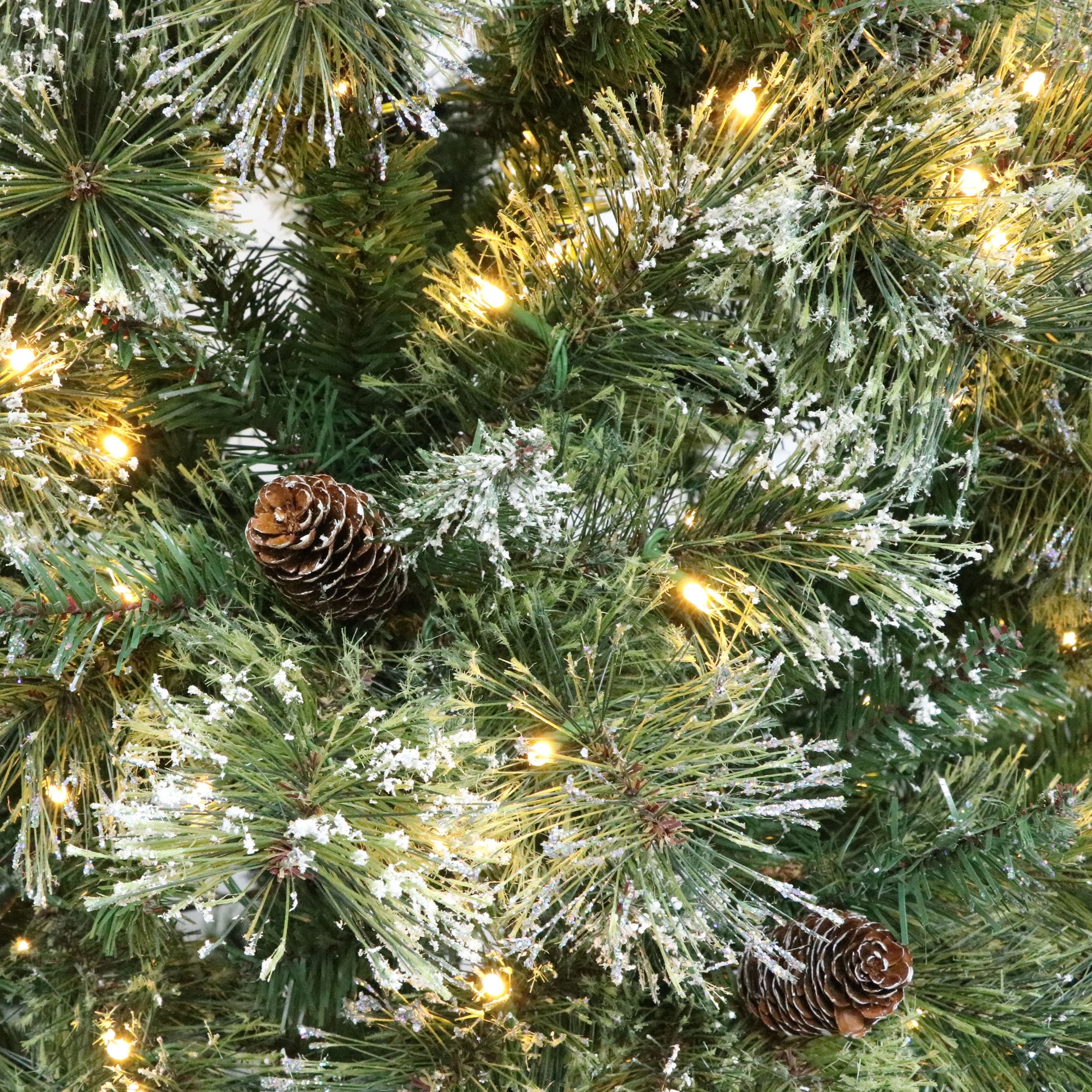 Full & Realistic 7'/7.5' Christmas Tree with Snow-Dusted Branches, Pine Cones, and Clear LED Lights