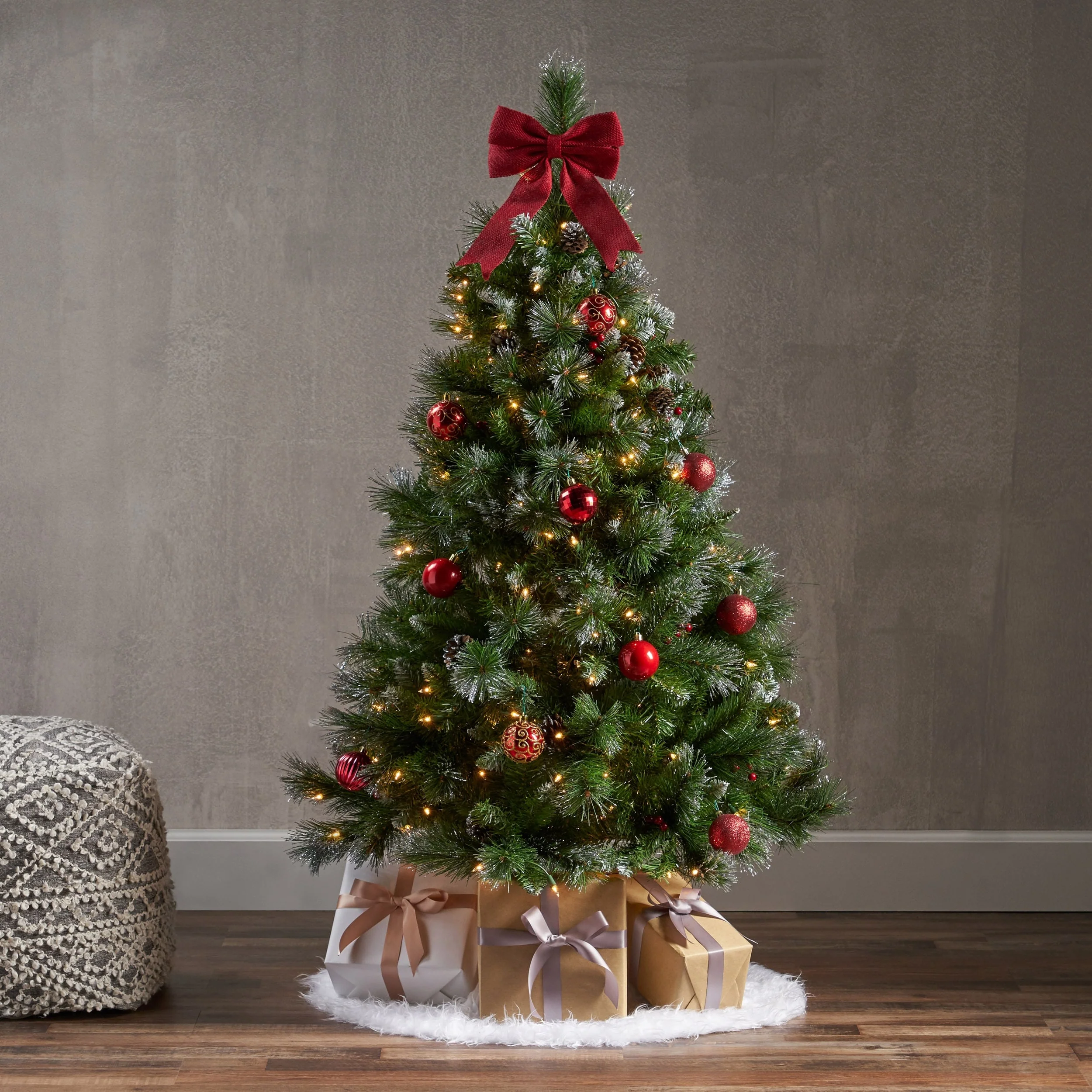 4.5FT Pre-Lit Glitter Bristle Christmas Tree with Pine Cones, Red Berries & 200 Clear Lights, Hinged for Easy Assembly