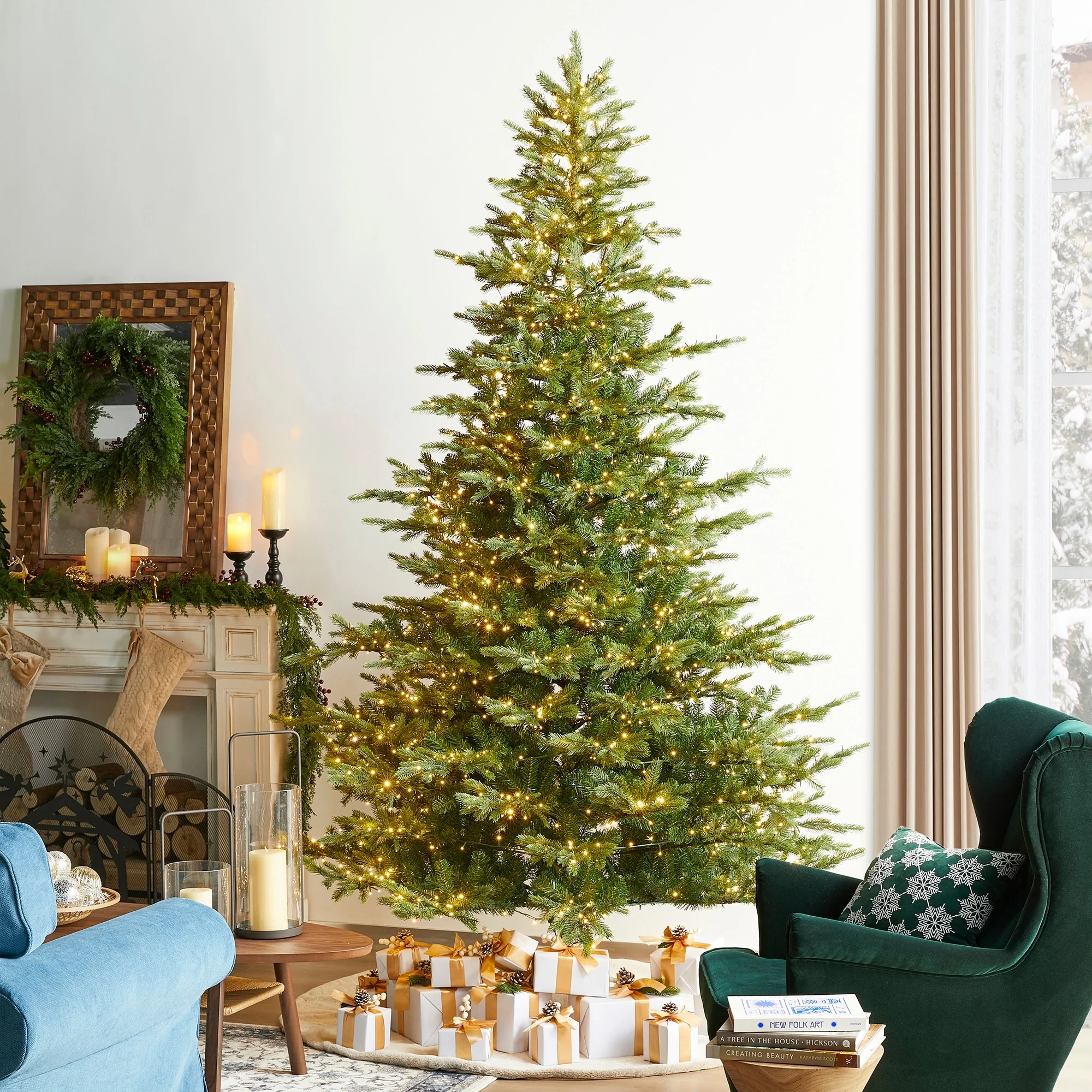 Glitzhome 7.5ft/9ft Pre-Lit Full Fir Artificial Christmas Tree w/Foot Pedal & Remote Control Simple Setup
