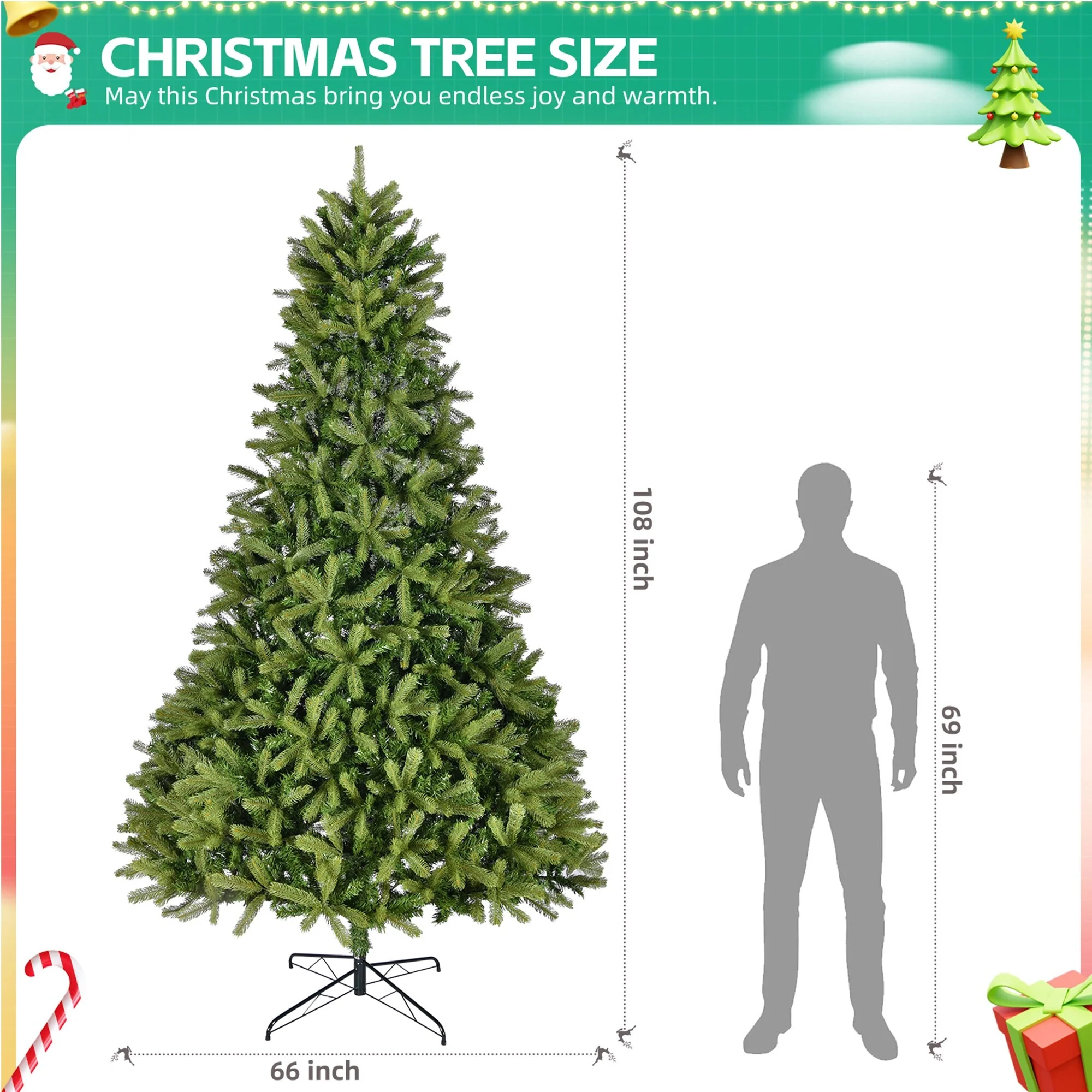 9FT Artificial Christmas Tree, 2576 Mixed PE & PVC Branch Tips, Unlit, Hinged Full-Bodied Spruce, Easy Assembly & Metal Stand