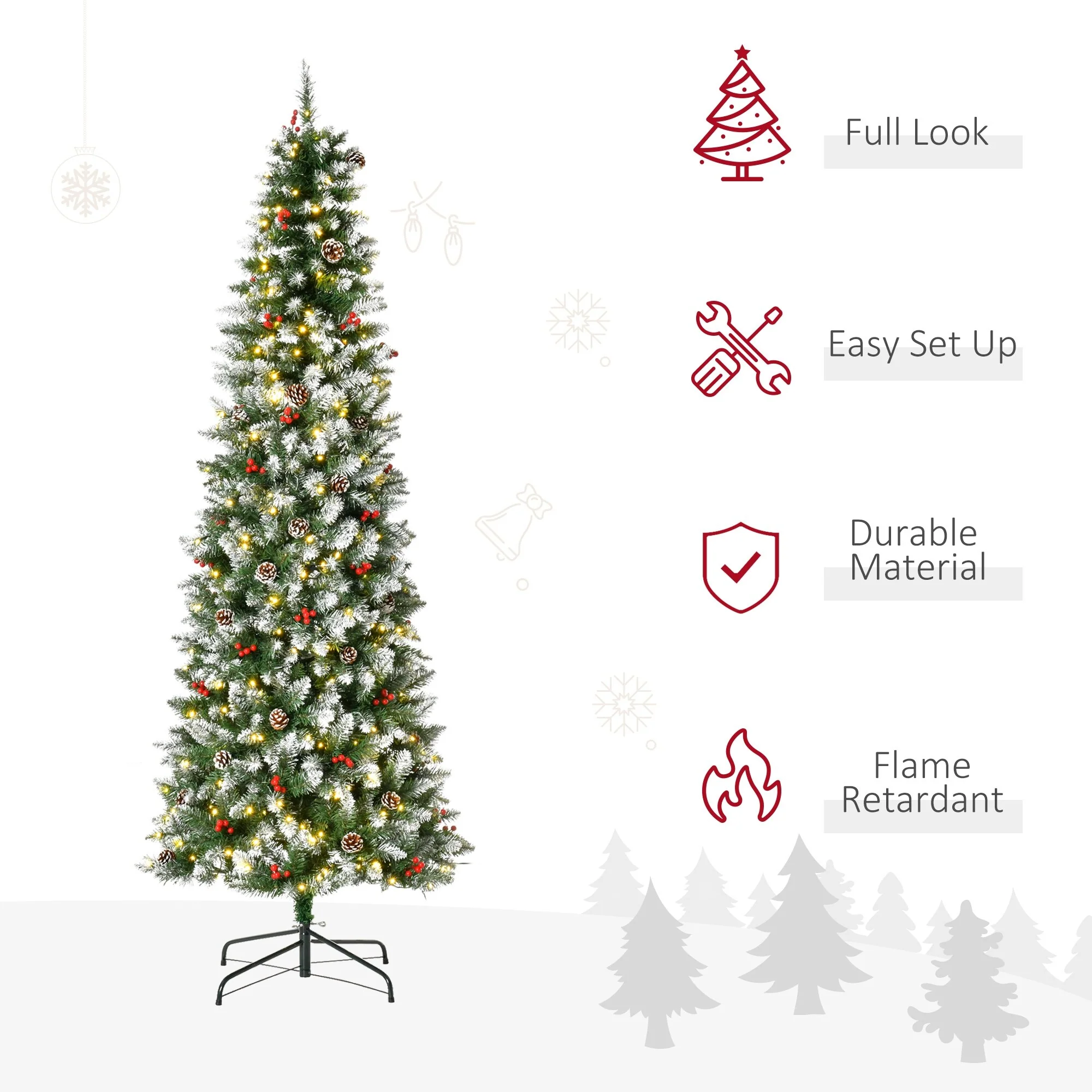 Realistic Snow-Flocked Artificial Christmas Tree,Pre-Lit with LED Lights,Pine Cones & Red Berries,Available in 6ft, 7.5ft & 9ft