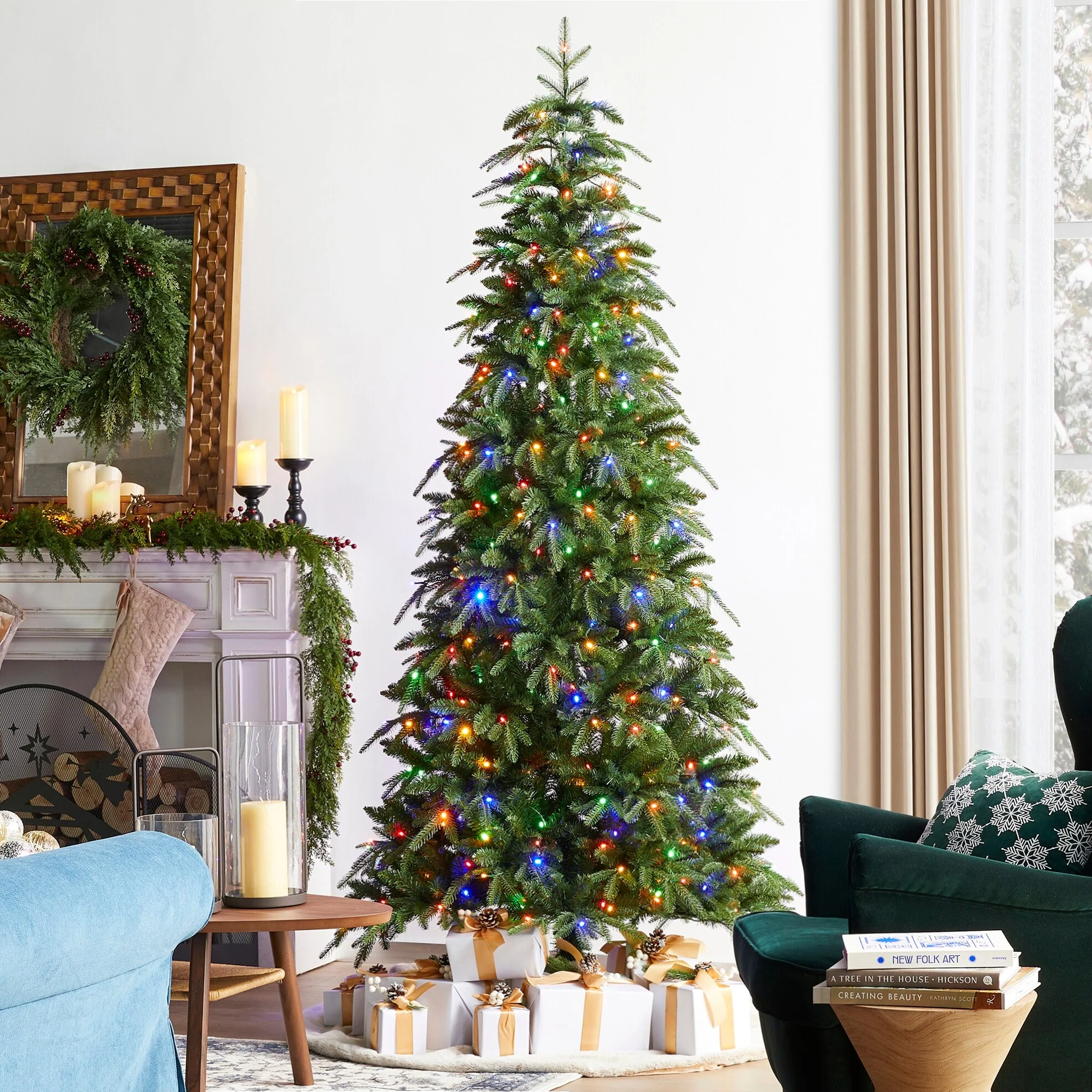Glitzhome 7.5FT/9FT/11FT/15FT Pre-Lit Green Slim Fir Artificial Christmas Tree with Remote Control