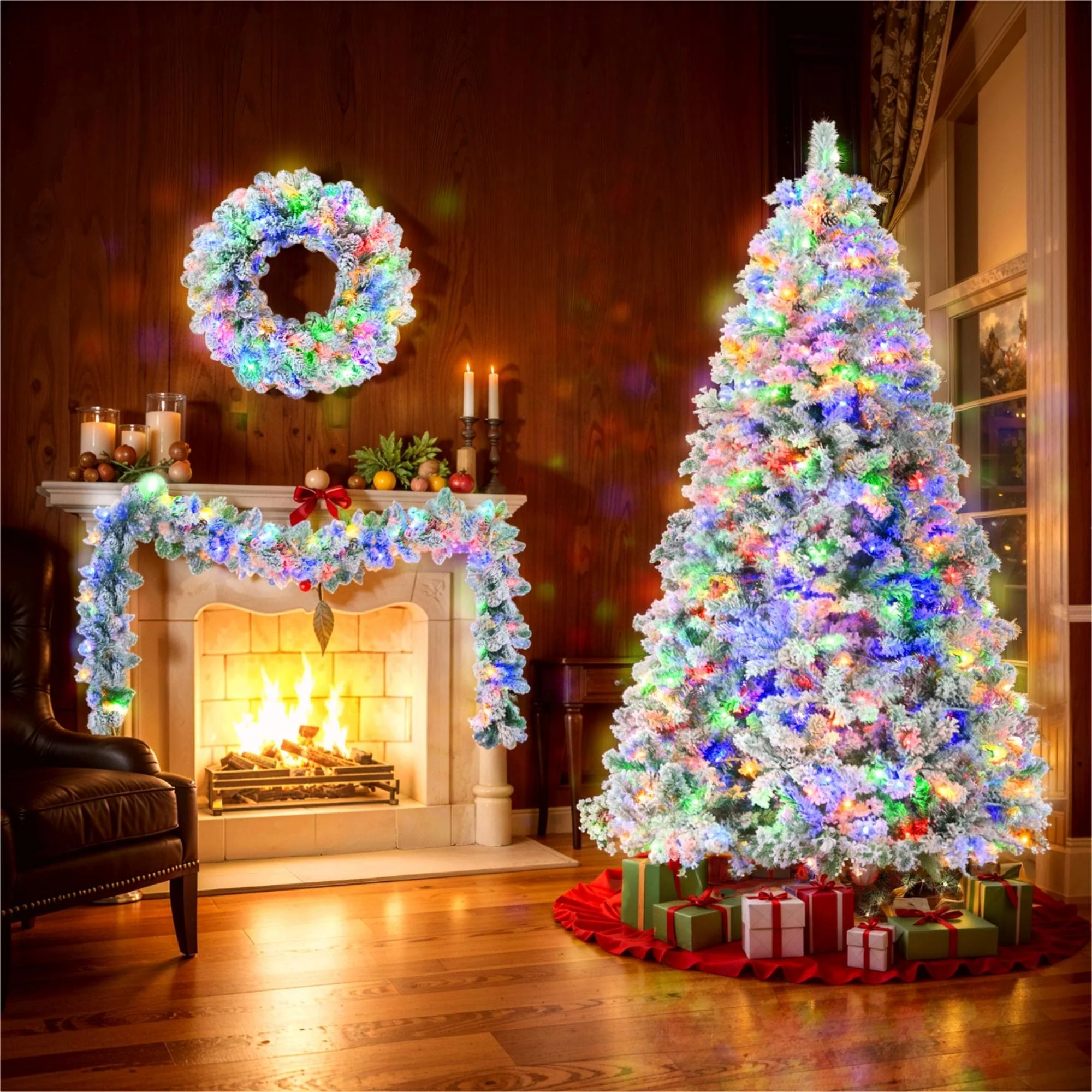 Pre-Lit 6FT Snow Flocked Christmas Tree with 9FT Garland & 20-Inch Wreath, Colorful LED Lights, 8 Lighting Modes
