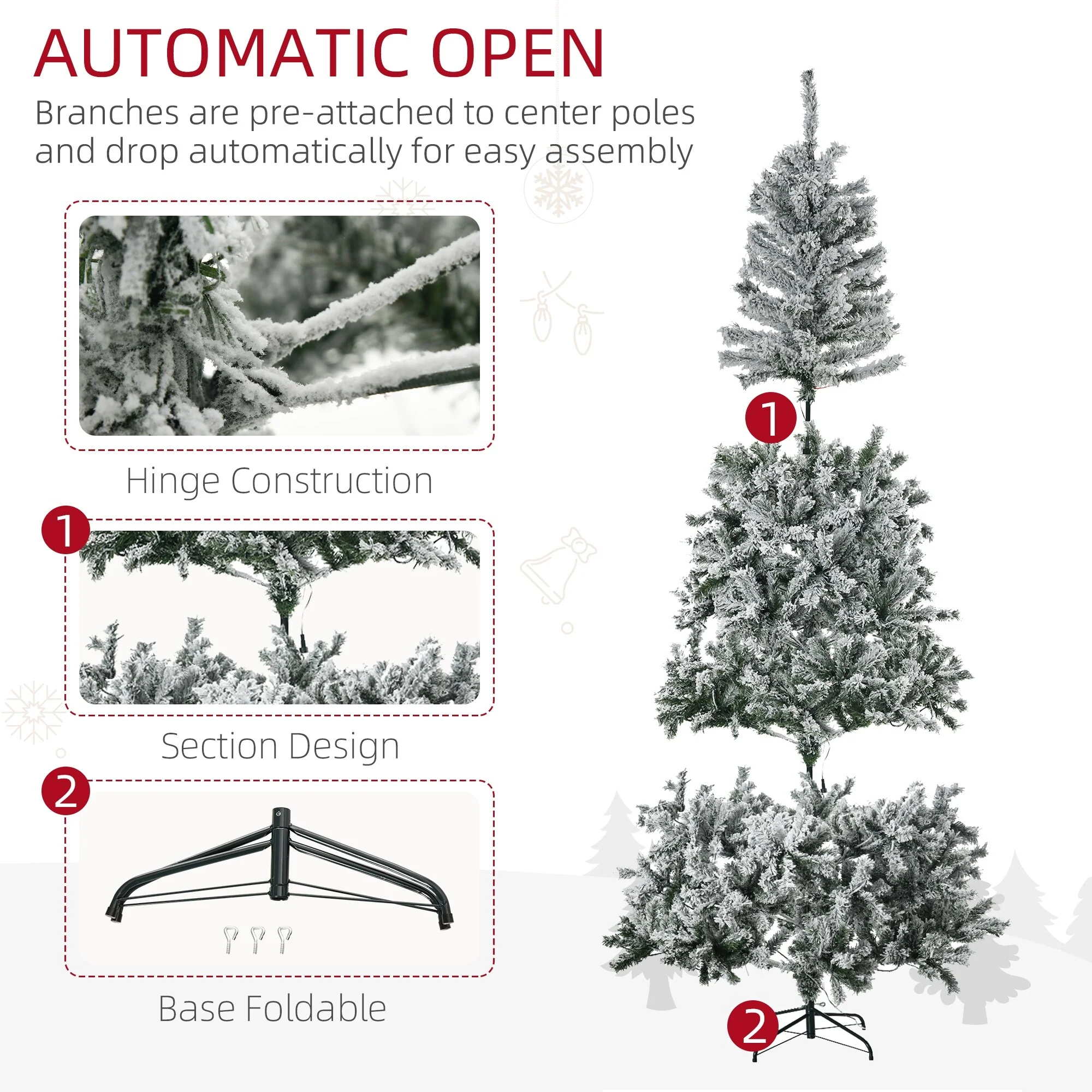 Prelit 7.5' Snow Flocked Artificial Christmas Tree with Cold White LED Lights and Flame-Retardant Design