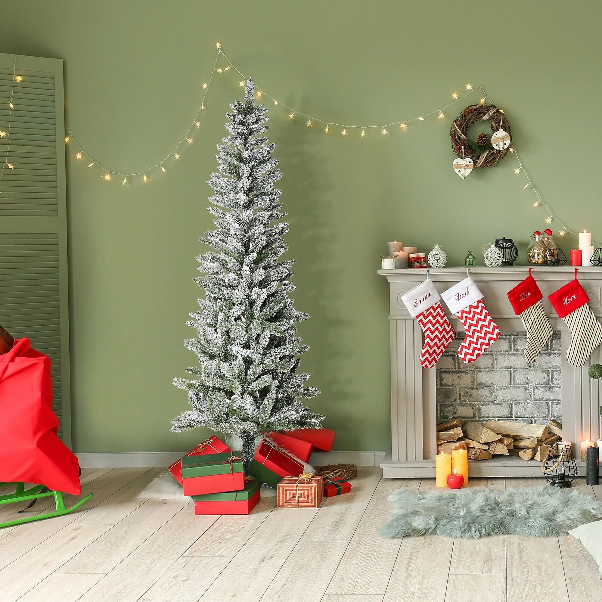 6ft Unlit Slim Pine Christmas Tree, Snow-Flocked Artificial with Full Branch Tips, Perfect Holiday Decor