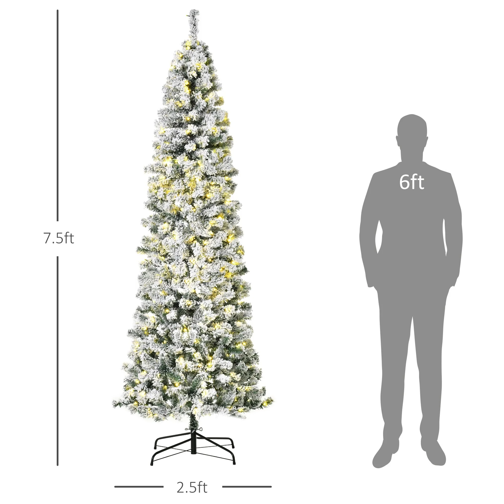 Slim Pre-Lit Snow-Flocked Douglas Fir Christmas Tree with Warm White LED Lights and Tips - 6ft/7.5ft/9ft Options
