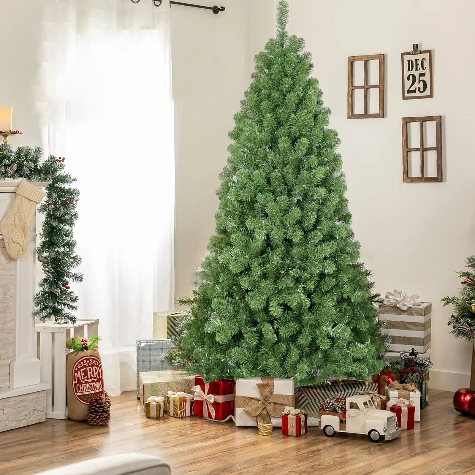 Green PVC Christmas Tree with Automatic Fluffing Memory Wire Tips, Easy Hinged Design, and Sturdy Metal Stand