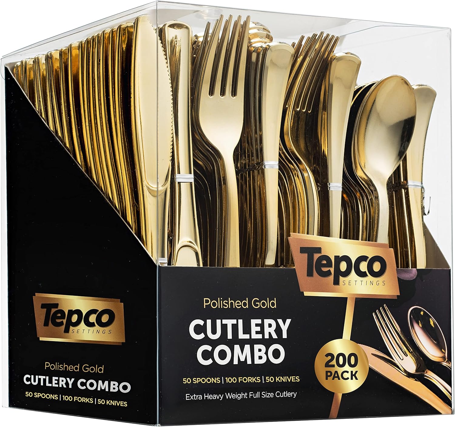 200 Gold Plastic Silverware Set - Plastic Gold Cutlery Set - Disposable Flatware Gold - 100 Gold Plastic Forks, 50 Gold Plastic Spoons, 50 Gold Cutlery Knives Heavy Duty Silverware for Party Bulk