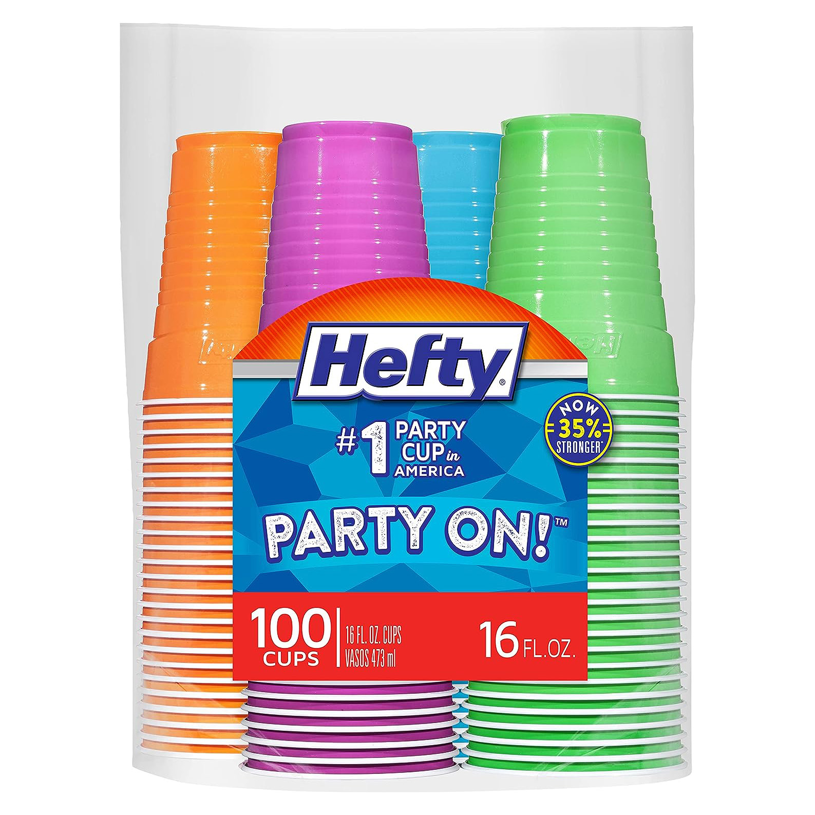 Hefty Party On Disposable Plastic Cups, Assorted, 16 Ounce, 100 Count